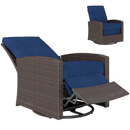 Front. Outsunny - Wicker Chair, Reclining Backrest, Lifting Footrest, 360° Rotating Basic, Water Resistant Cushions - Dark Blue.
