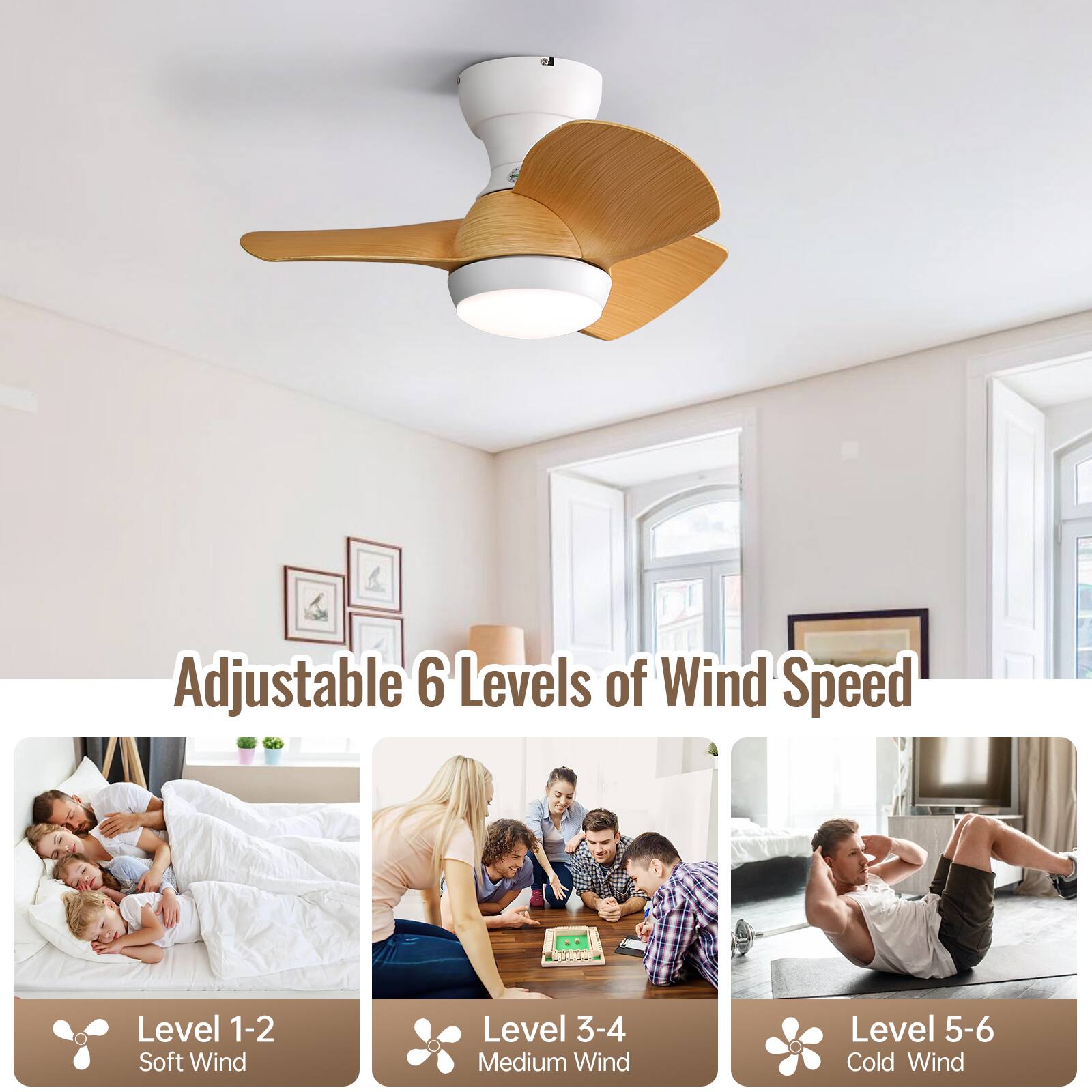Adjustable 6 Levels of Wind Speed

Level 1-2: Soft Wind  
Level 3-4: Medium Wind  
Level 5-6: Cold Wind