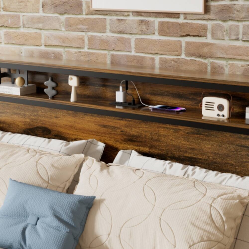 Back. LUCKY ONE - Queen Size Bed Frame with Storage Headboard, LED Lights, USB Charging Station, Metal Slats, No Box Spring Needed - Antique brown.