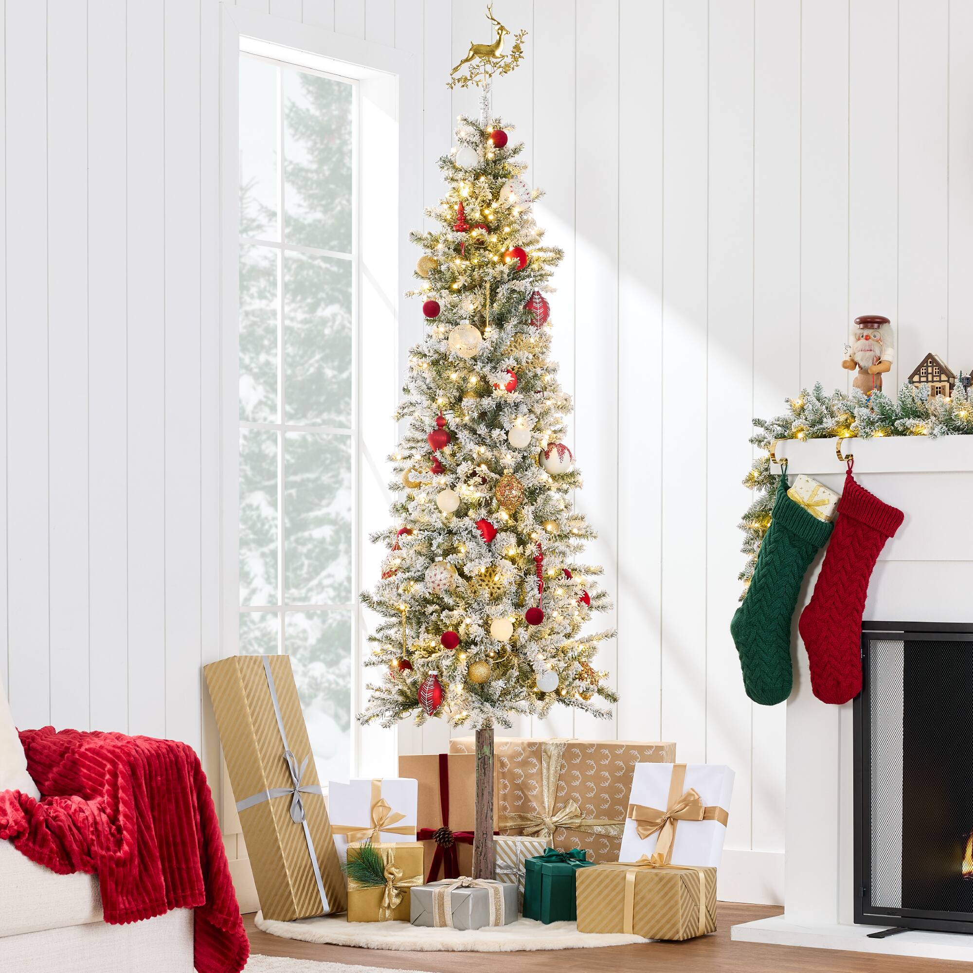 Alt View 1. Best Choice Products - Best Choice Products 7.5ft Pre-Lit Flocked Alpine Slim Pencil Christmas Tree w/ 350 LED Lights, Stand - Green & Flocked.