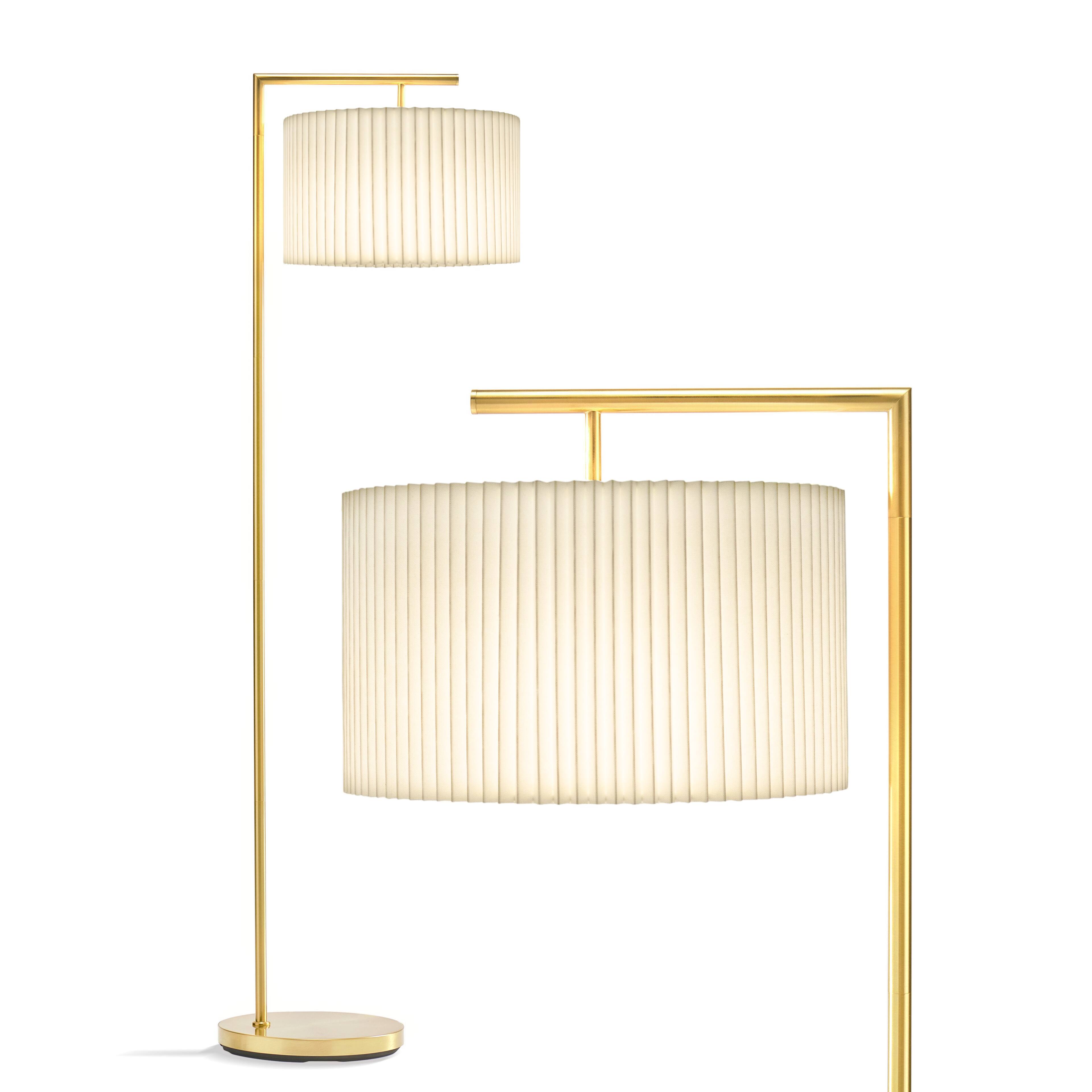 Front. Brightech - Montage Modern LED Midcentury Modern Arc Super Bright Floor Lamp with White Fabric Drum Shade - Antiqued Brass.