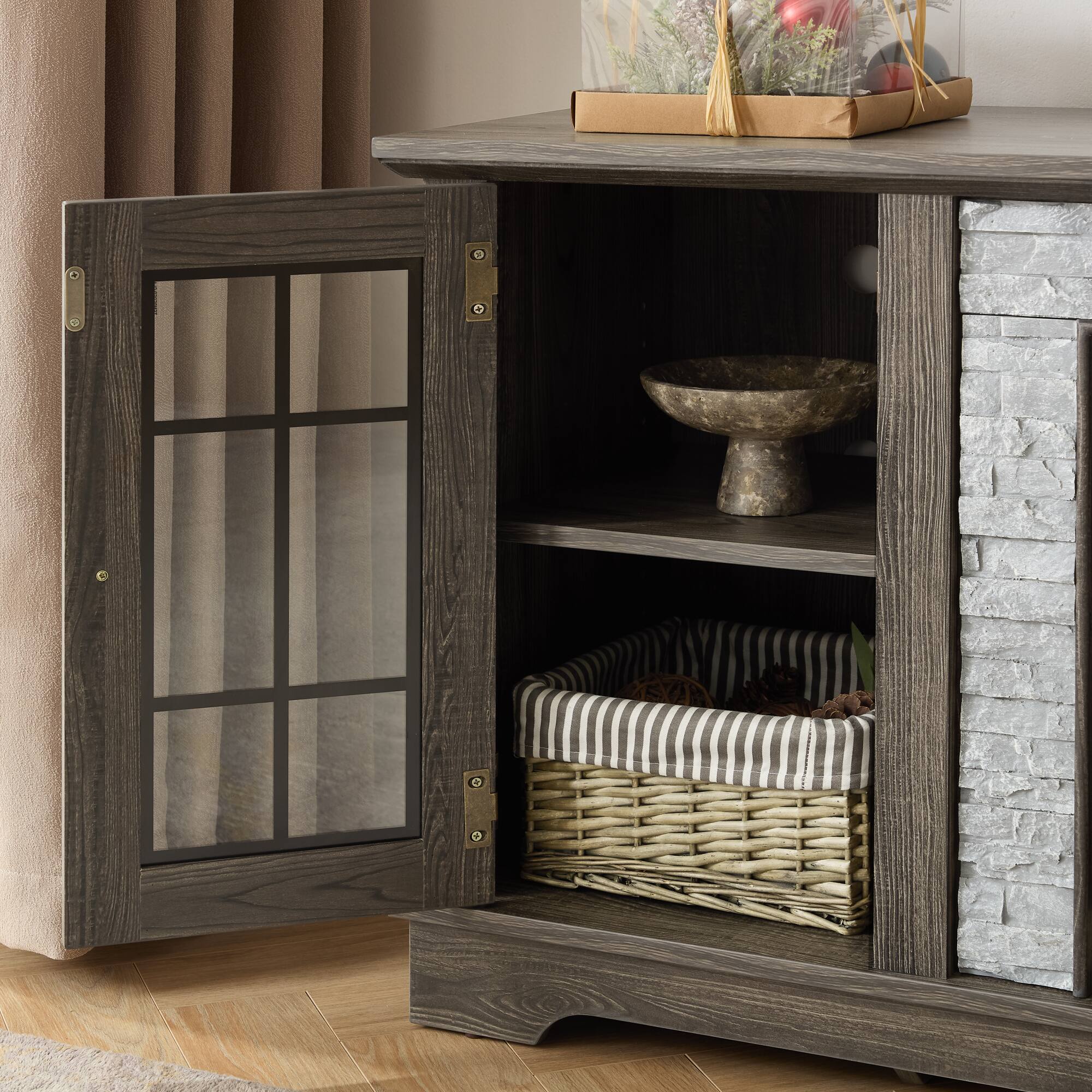 Alt View 4. GOODSILO - Modern Grey Entertainment TV Stand Console with Faux Stone Front and Adjustable Shelves Storage Cabinet - Grey.