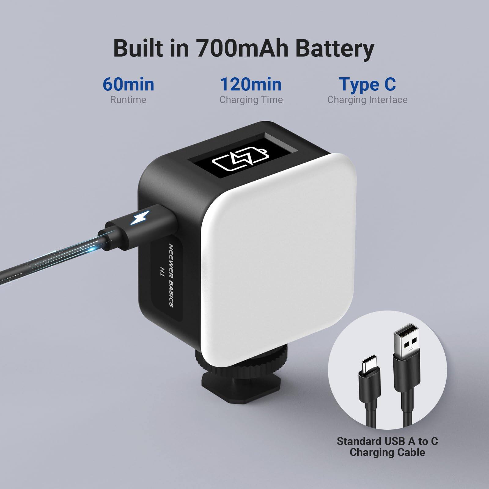 Built in 700mAh Battery  
60min Runtime  
120min Charging Time  
Type C Charging Interface  
Standard USB A to C Charging Cable