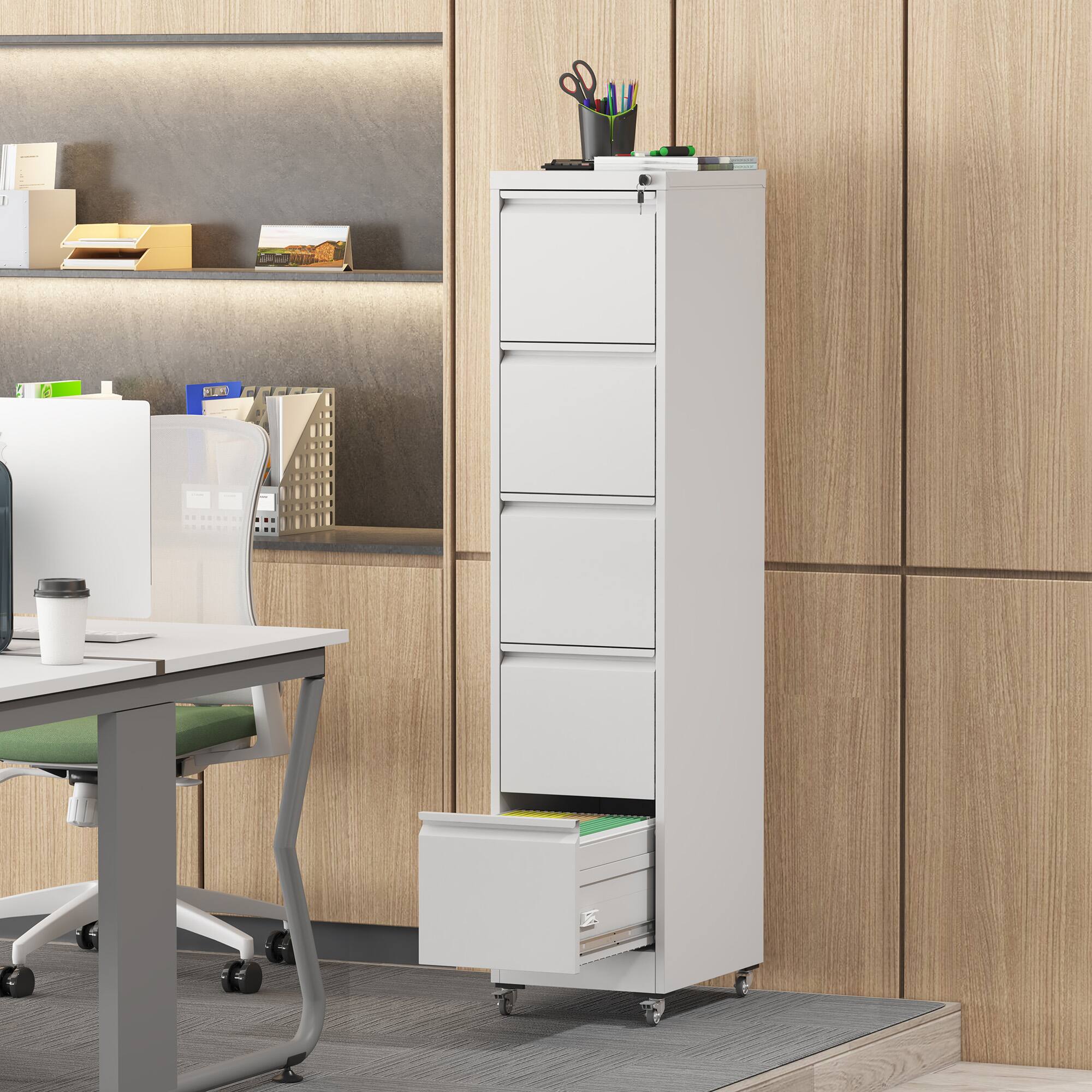 Alt View 5. GOODSILO - 5-Drawer Vertical File Storage Cabinet with Locking System and Removable Wheels for Office Organization - White.