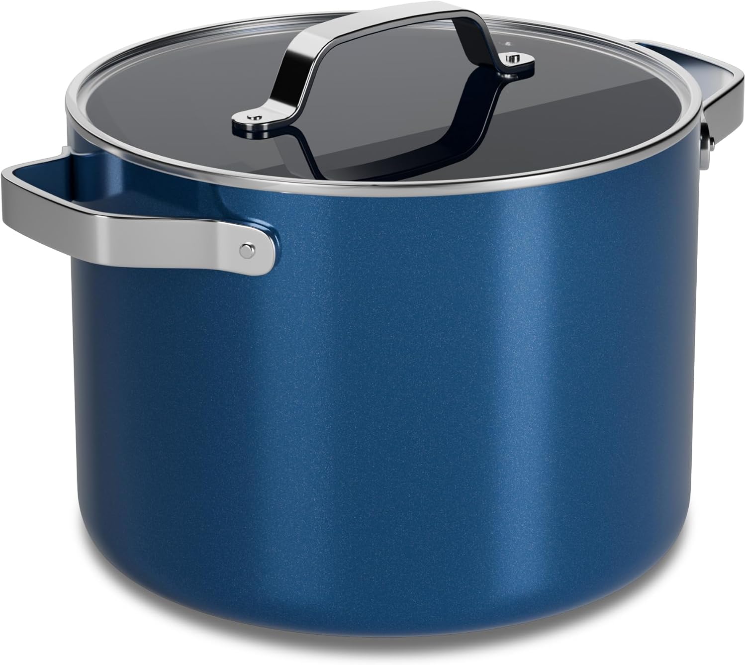 Front. Bakken- Swiss - 8.5 Qt Aluminum Stock Pot, Nonstick Ceramic Coating, PTFE & PFAS Free, Oven Safe 500°F, SS Handles, Glass Lid - Blue.