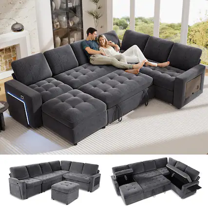 Front. Dyonery - Dyonery 7-Seat Modular Sectional Sleeper Sofa with Pull-Out Bed, Reclining Backrest, USB Ports, Table, LED Lights,Gray - Gray.