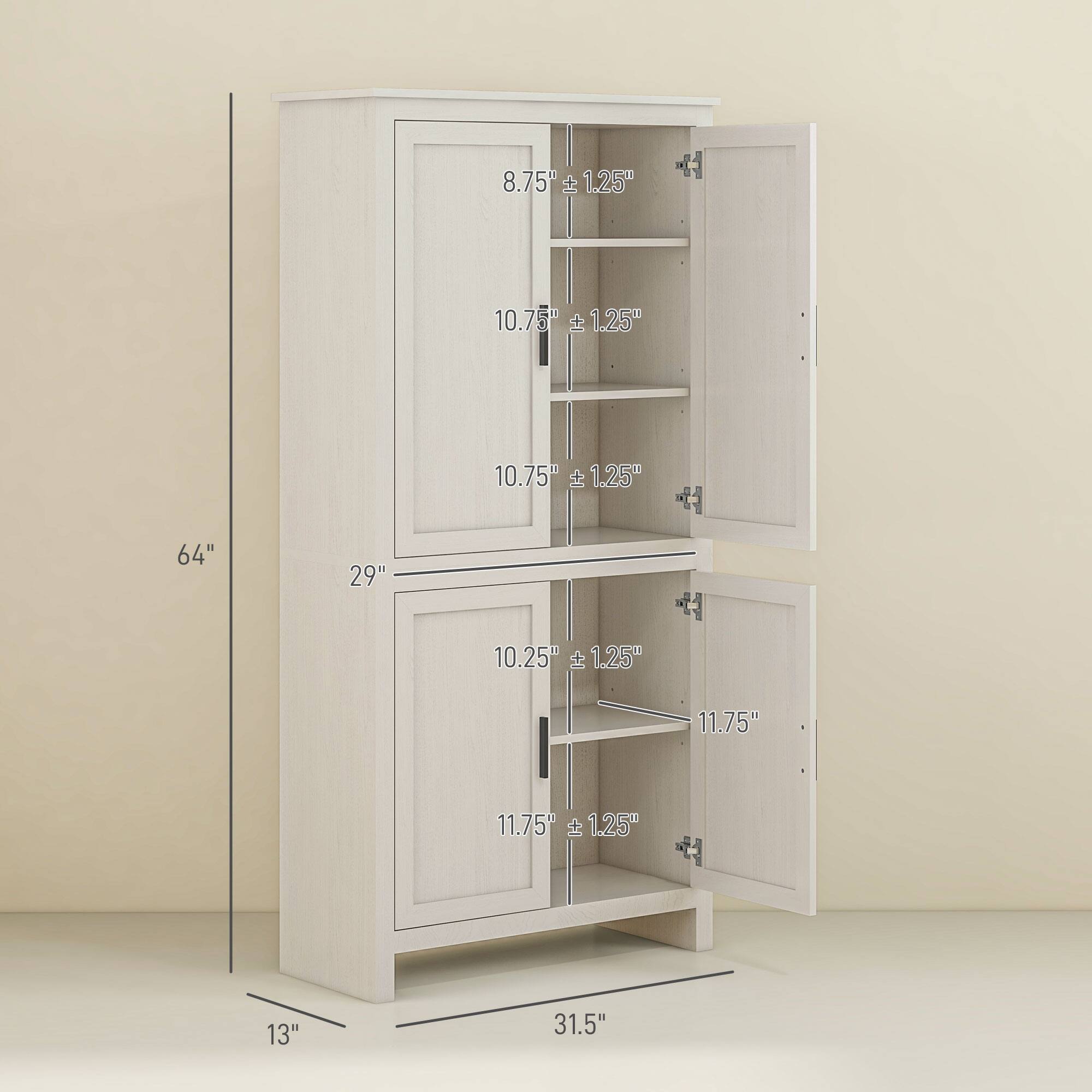 The text can be grouped as follows:

- Width: 29"
- Height: 64"
- Depth: 13"
- Shelf 1: 8.75" ± 1.25"
- Shelf 2: 10.75" ± 1.25"
- Shelf 3: 10.75" ± 1.25"
- Drawer: 10.25" ± 1.25"
- Drawer: 11.75" ± 1.25"