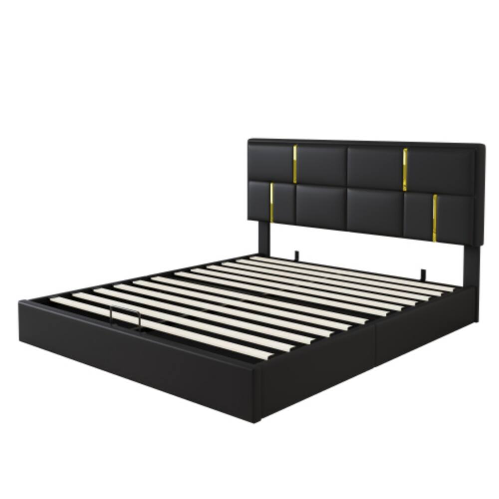 Angle. LUCKY ONE - Queen Size Upholstered Platform Bed with Hydraulic Storage System, Soft Fabric Headboard, No Box Spring Needed - Black.