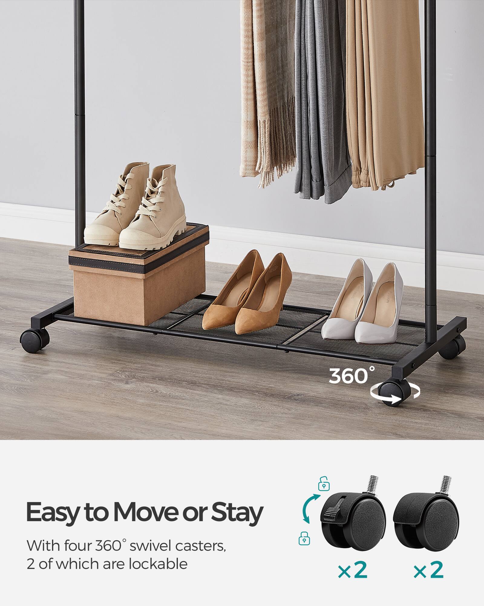 Easy to Move or Stay

With four 360° swivel casters, 2 of which are lockable