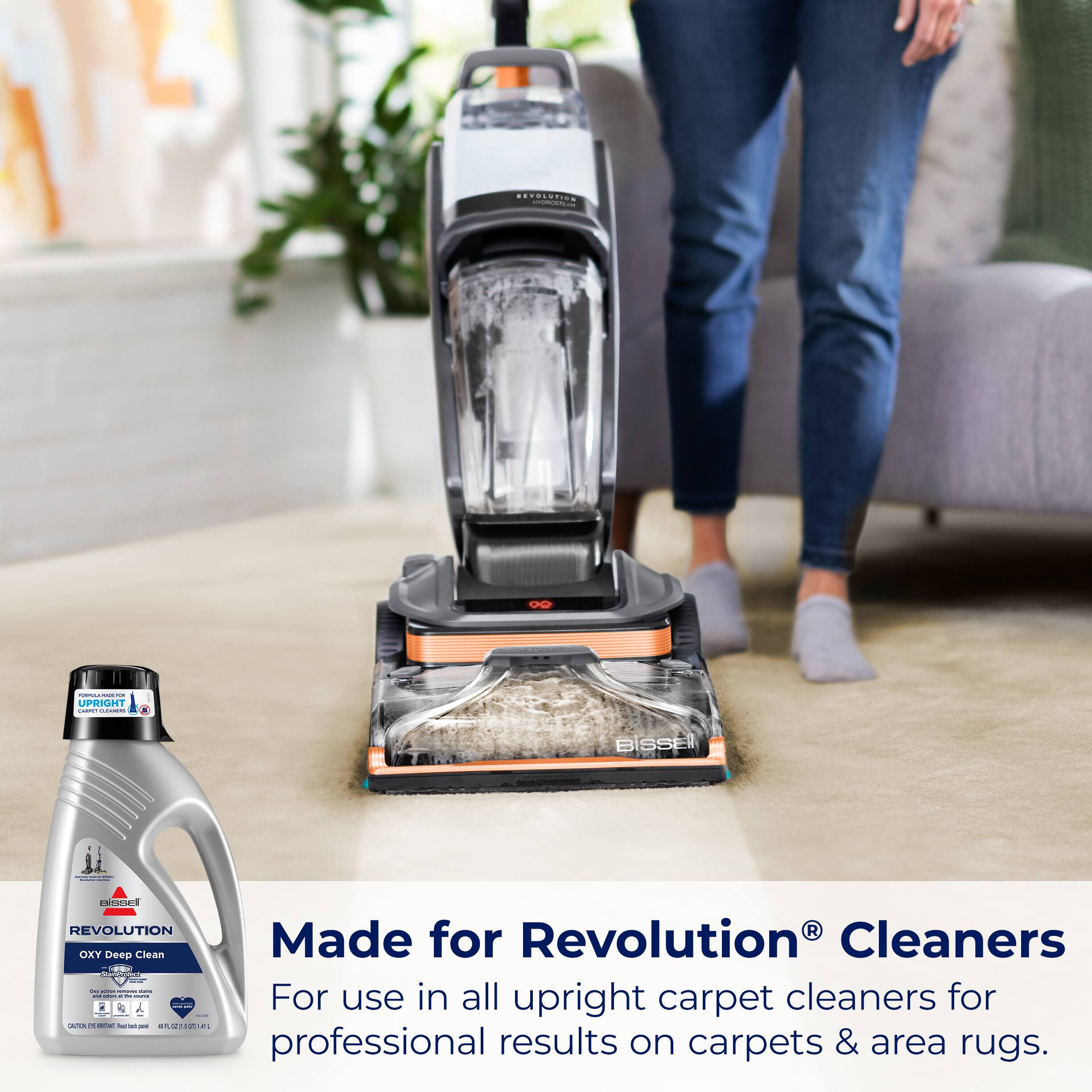 Revolution Cleaners is a brand that offers a deep cleaning solution for carpets and area rugs. The cleaning solution is designed for use in all upright carpet cleaners to provide professional results on carpets and area rugs. The product is made for Revolution Cleaners and is specifically formulated to deliver effective cleaning.