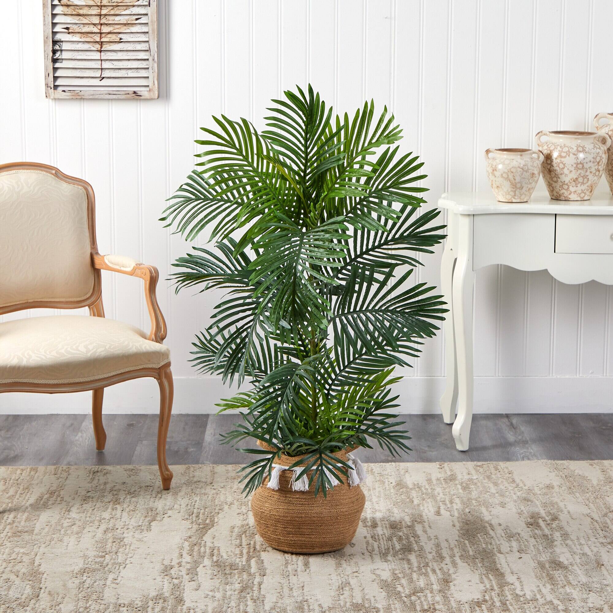 Left. BreeBe - 4' Areca Palm Tree in Boho Cotton Pot UV (Indoor/Outdoor) - Green.