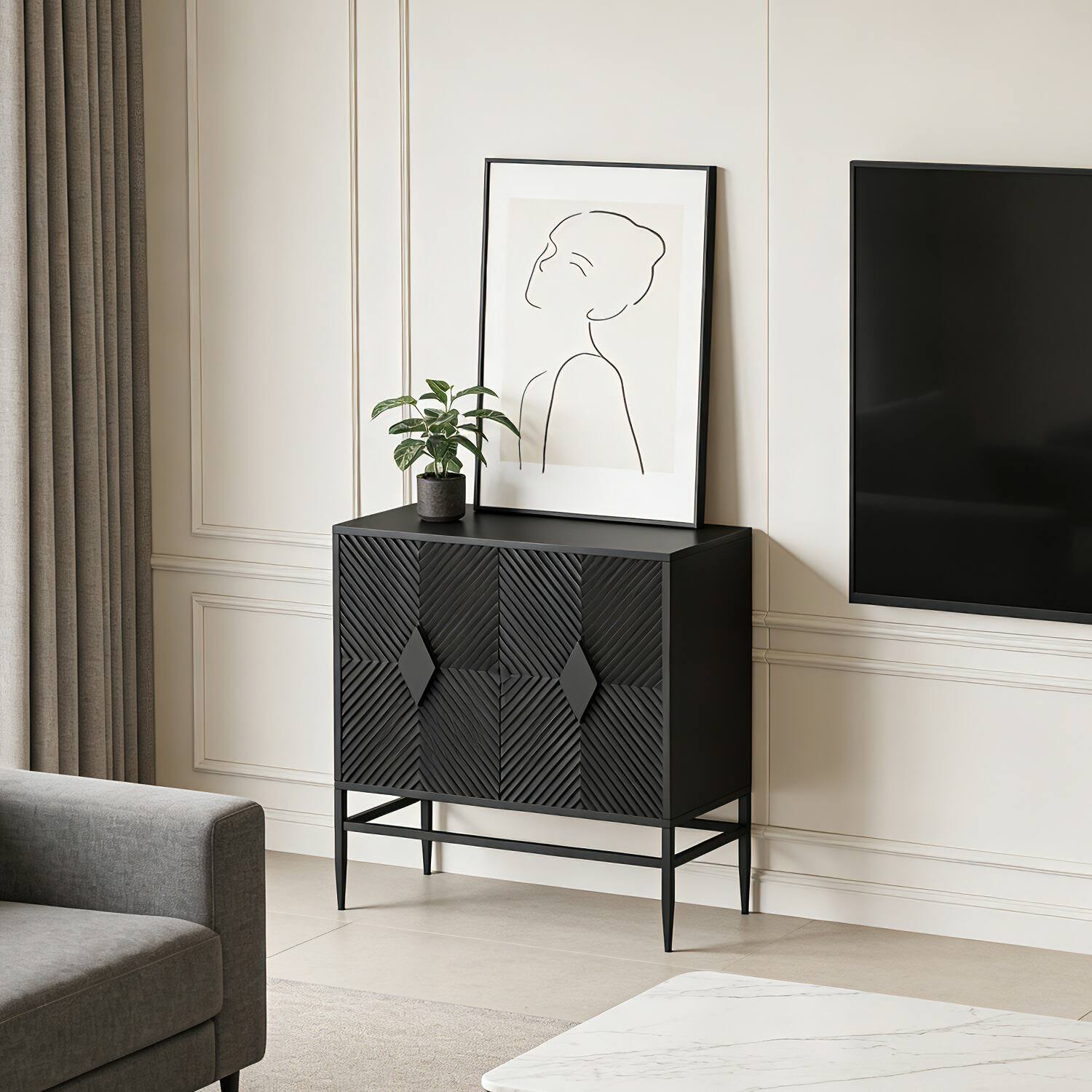 Back. Loheer - Loheer 31.5-Inch Modern Black Accent Cabinet Two Door Wooden Storage Cabinet with Metal Legs for Living Room - Black.