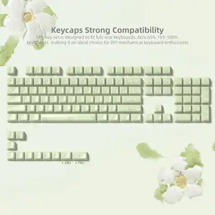 Keycaps Strong Compatibility
115-key set is designed to fit full-size keyboards, 60% 65% 75% 100% keyboards, making it an ideal choice for DIY mechanical keyboard enthusiasts
1 F3 14 FS PS 17 18 17 F13 FE1 F12 Prise Bnd Pa C
2 e 3 S 4 % - a & 7 * B 1 - 1 C + TEATS Sa P0D Soea / e V E R Uf Y U I O P } Deene
21 D / A R 9 PUN Gapalde A S 1 F C 1 J K L Cnter 4 5 6
Z x e V E N N 7 TOVR 1 2 4 3
AT m 0 Del PA POl / 1 1.25U 1.750
