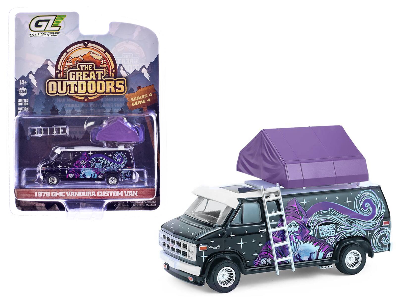 GL GREENLIGHT  
THE GREAT OUTDOORS  
14+  
1:64  
LIMITED EDITION  
SERIES 4  
1978 GMC VANDURA CUSTOM VAN  
Contains: 1 Model  
Modele Réduit