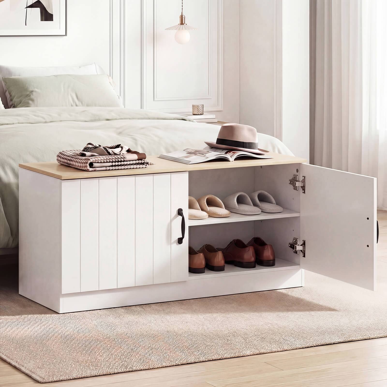 Alt View 4. Costway - Costway 2-Door Shoe Bench with Adjustable Shelves, Hidden Storage Space for Hallway - Natural+White.