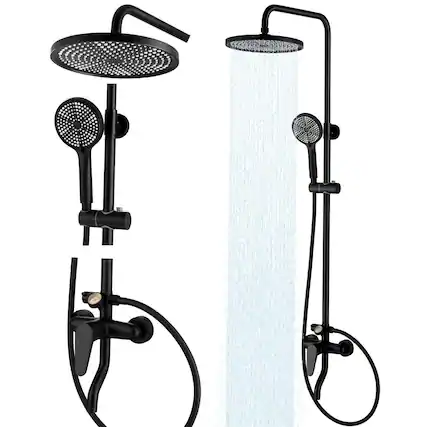 Front. Dazzed Corner - Outdoor Shower, High Pressure Wall Mount 10 Inch Shower head - Matte Black.
