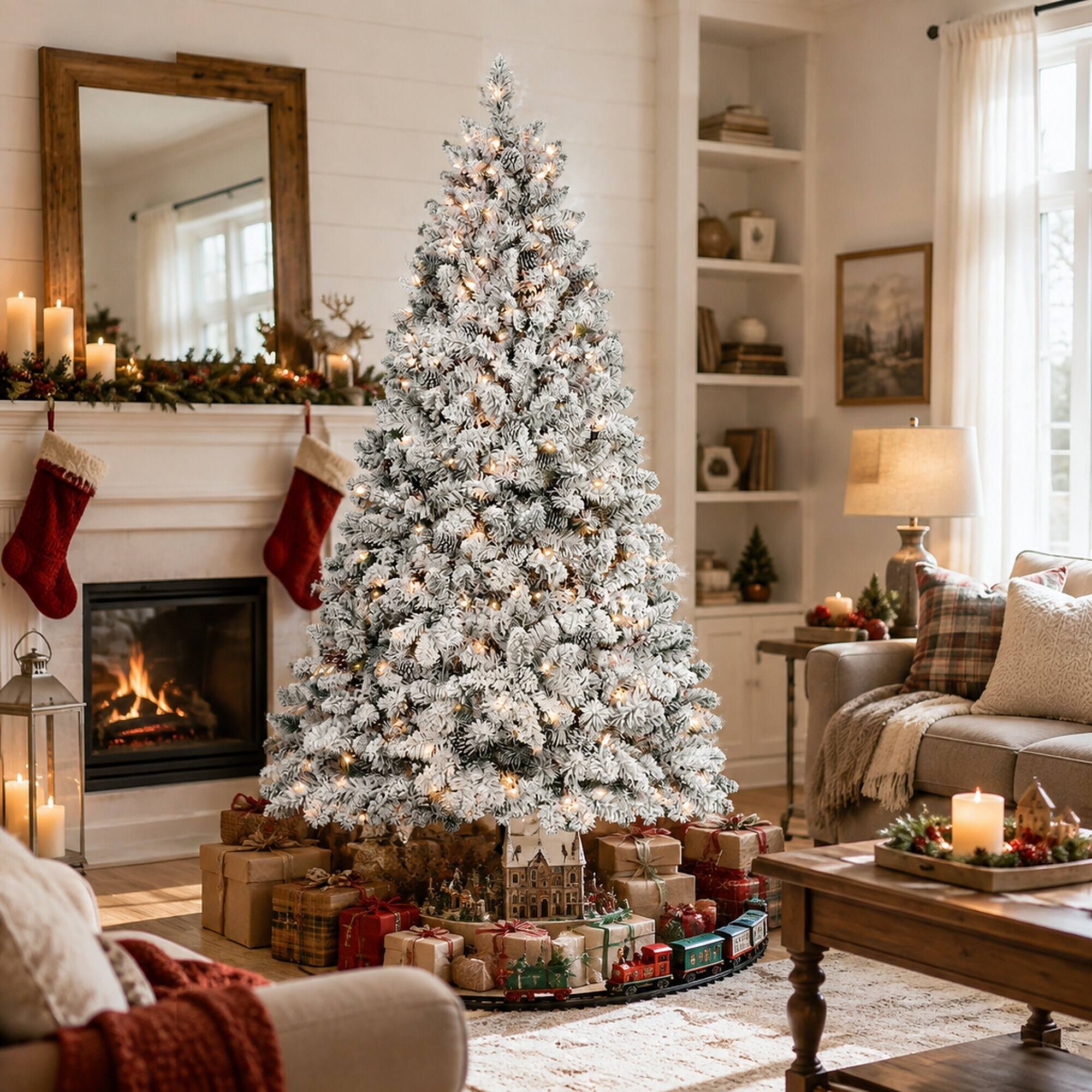 Angle. RYHNUYNE - 8FT Flocked Pre-Lit Christmas Tree, 700 Lights 54 Natural Pine Cones 1754 Snowy PVC Tips Hinged Structure Easy Setup - Green,White.