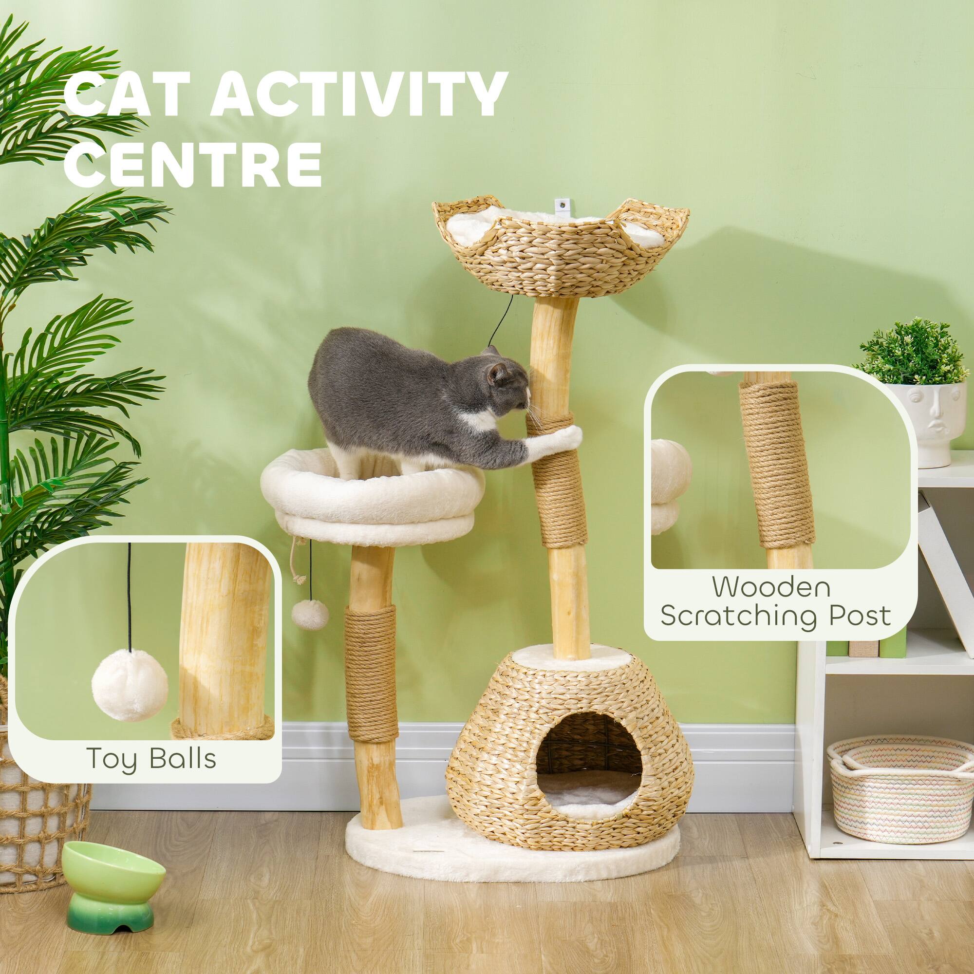 Back. Pawhut - 41" Wooden Cat Tree for Indoor Cats, Tower with 2 Real Branch Scratching Posts, Condo, Beds & Toy Balls, Activity Center - Cream White.