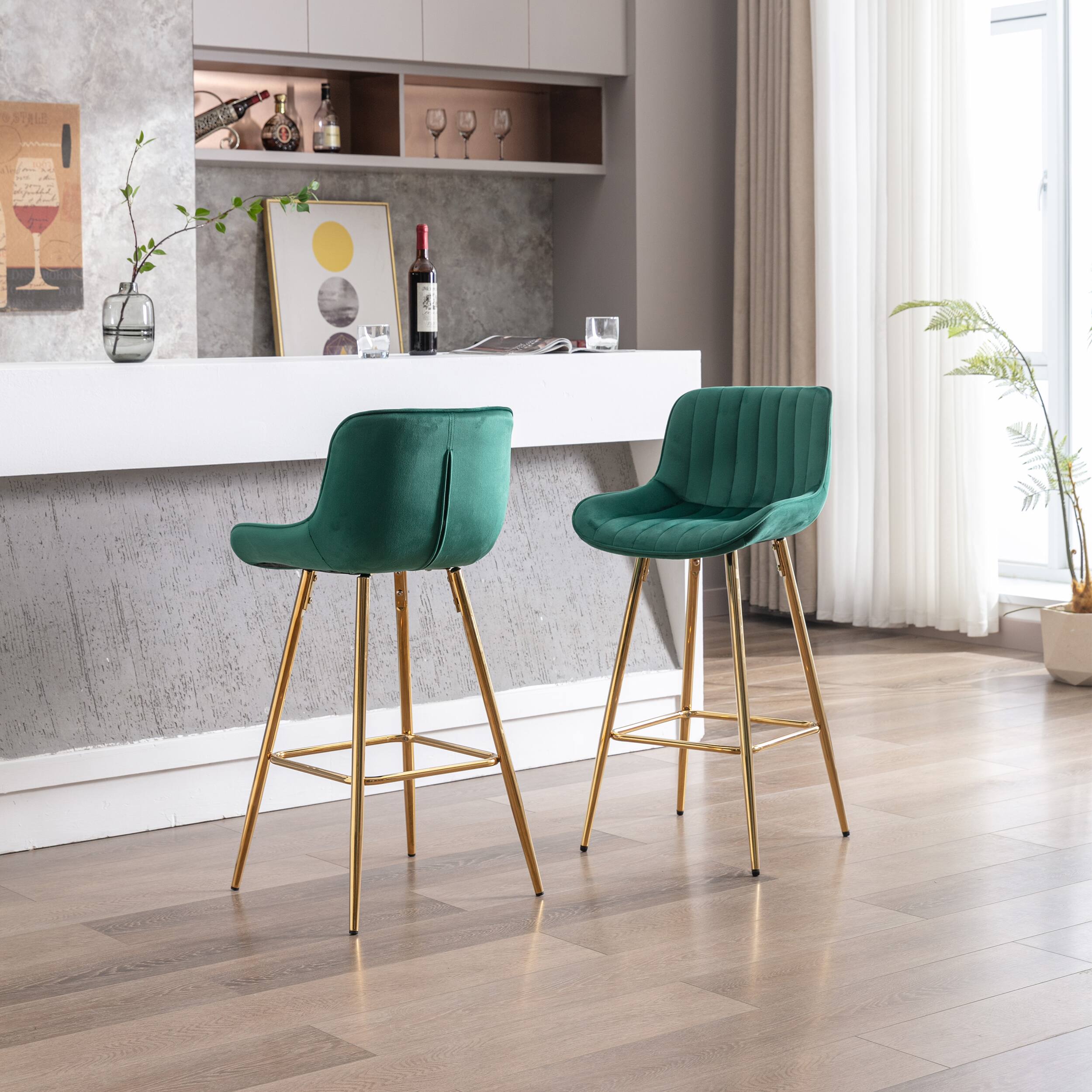 Alt View 1. Trinkets Crazed - Velvet Bar Stools Set of 2, 26 Inch Modern Barstools with Back&Gold Legs, Counter Height Stools for Kitchen Island - Green.