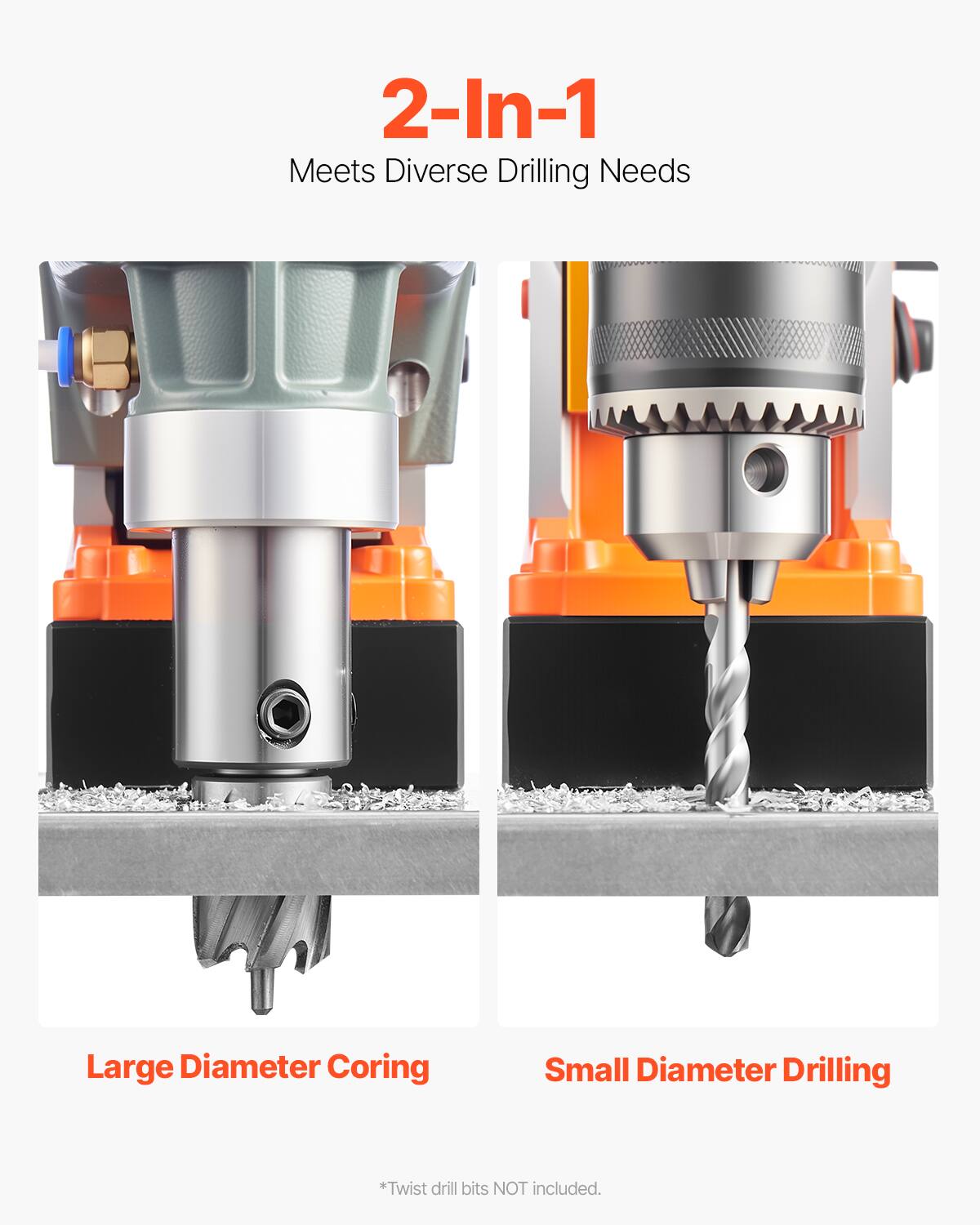 2-In-1 Meets Diverse Drilling Needs

Large Diameter Coring

Small Diameter Drilling

*Twist drill bits NOT included.