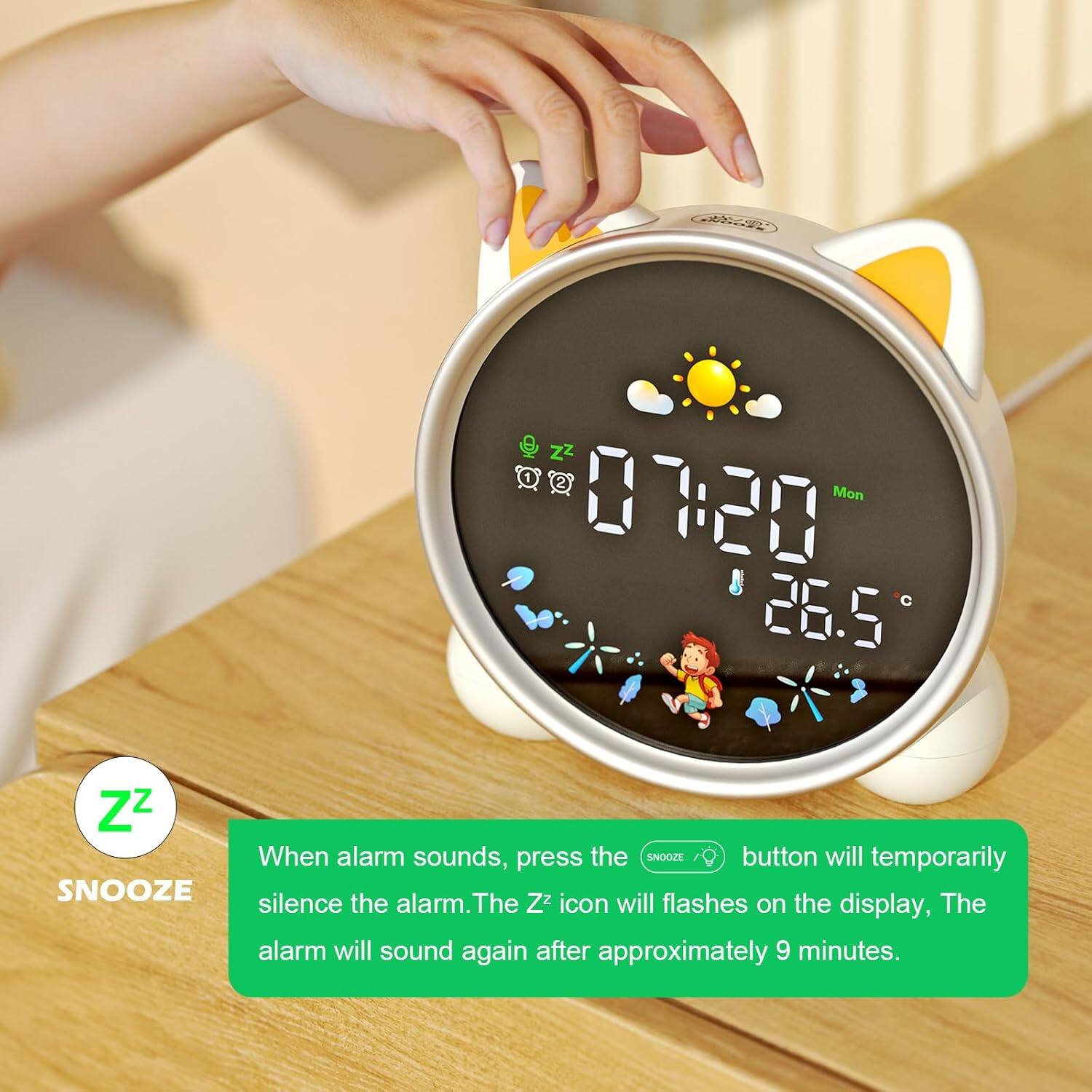 When alarm sounds, press the SNOOZE button to temporarily silence the alarm. The Zz icon will flash on the display, and the alarm will sound again after approximately 9 minutes.