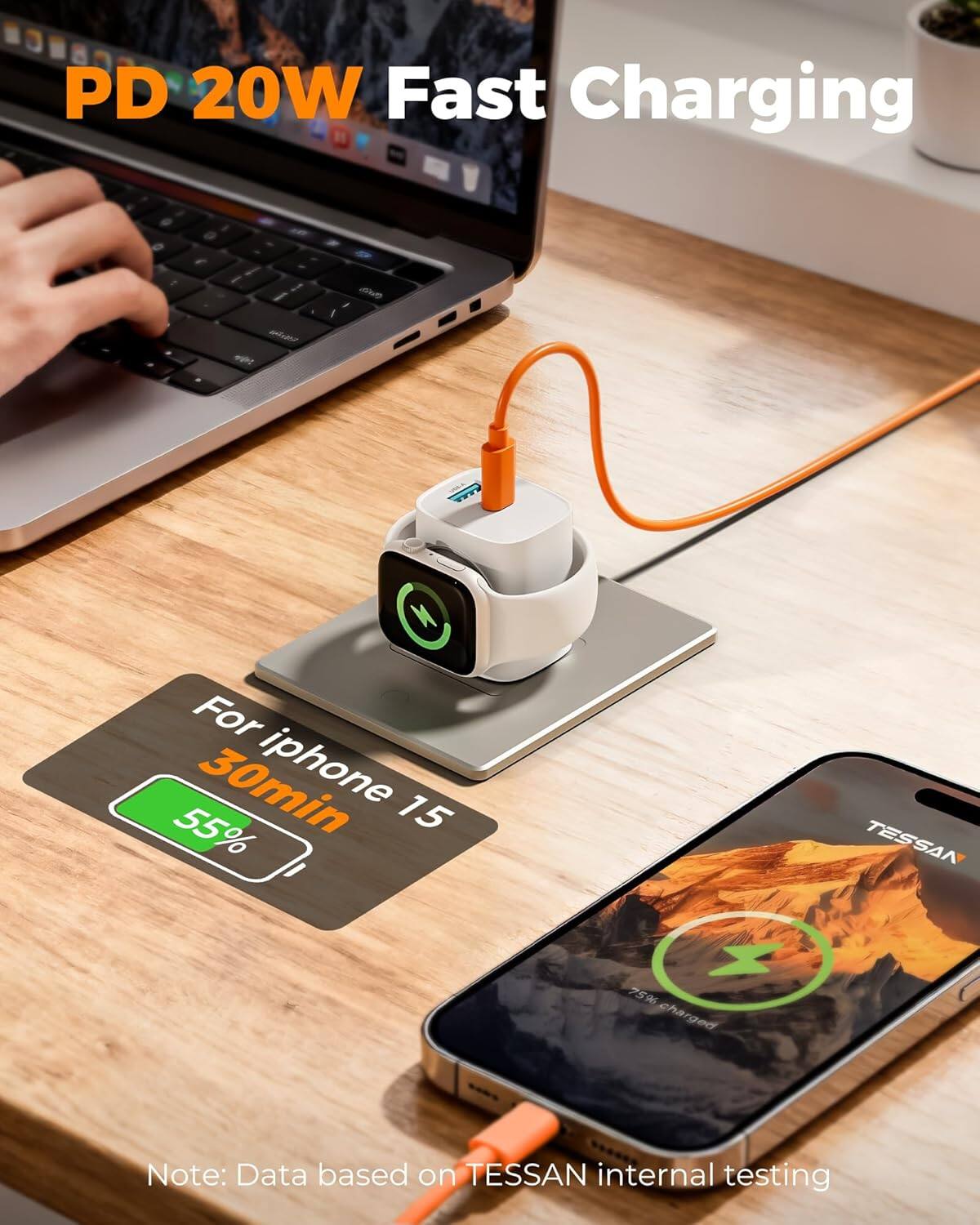 PD 20W Fast Charging

For iPhone 15
30min
55% to 75% charged

Note: Data based on TESSAN internal testing
