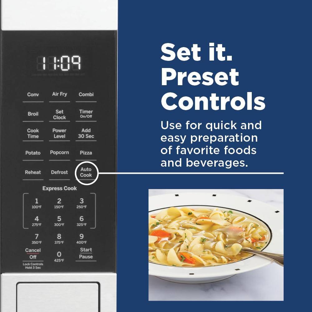 8:08 Conv Air Fry Combi Set Timer Broil Clock On/Off Cook Power Add Time Level 30 Sec Potato Popcorn Pizza Auto Reheat Defrost Cook Set it. Preset Controls Use for quick and easy preparation of favorite foods and beverages. Express Cook 1 100F 2 150F 3 250F 4 275F 5 300F 6 325F 7 350F Cancel Off Lock Controls Hold 3 Sec 8 375F 0 425F 9 400F Start Pause