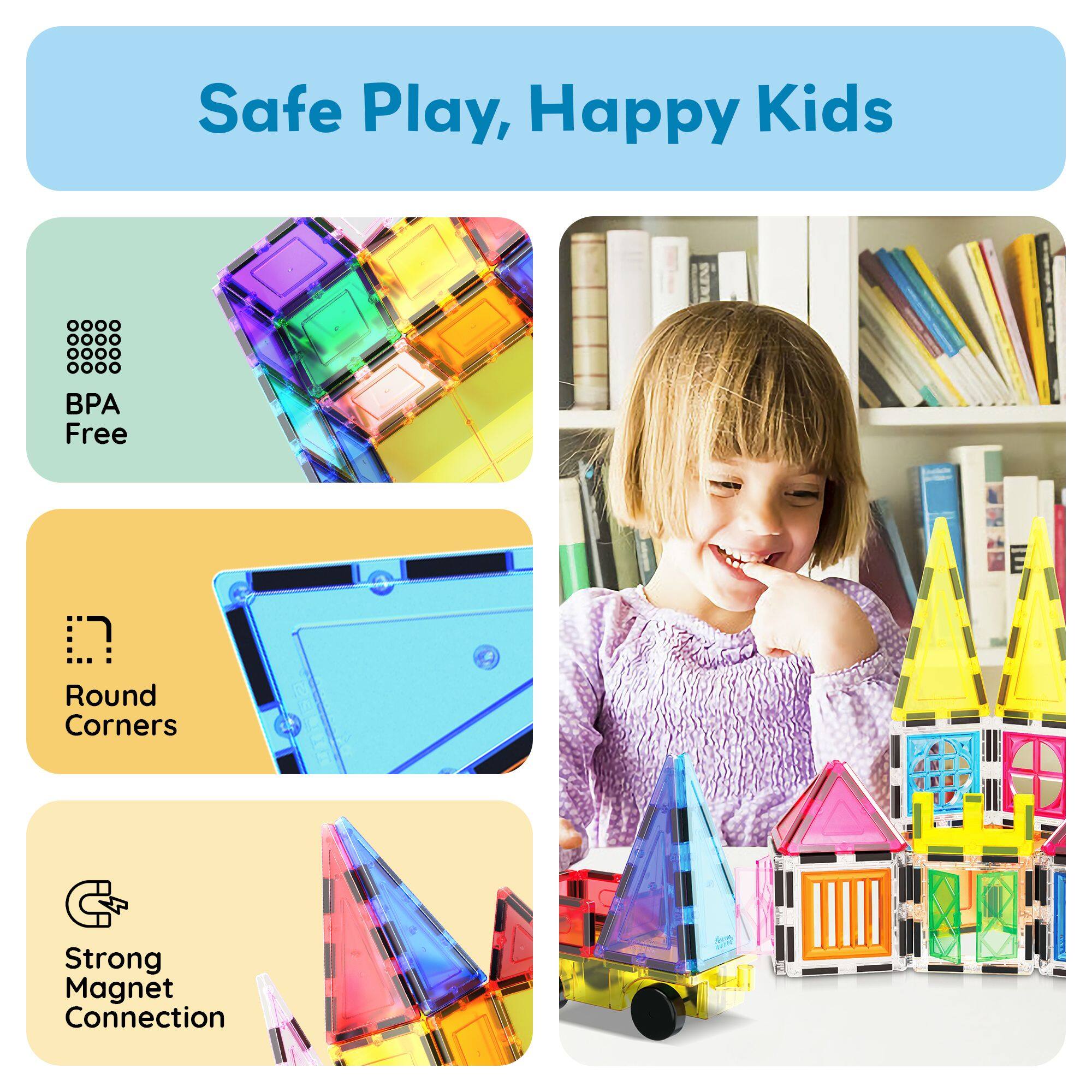 Safe Play, Happy Kids

- BPA Free
- Round Corners
- Strong Magnet Connection