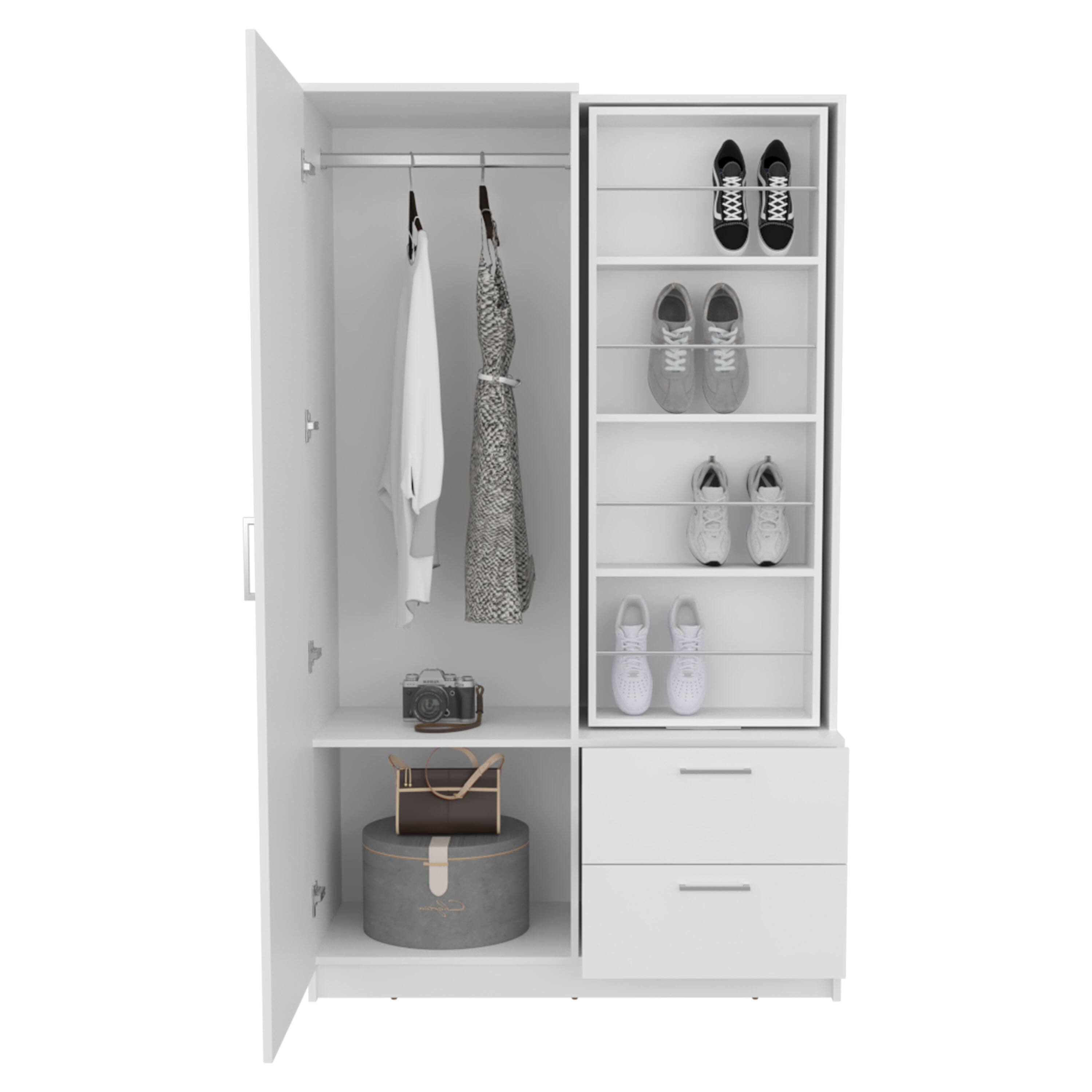 Angle. TuHome - Seville 71" High Mirror Armoire, One Door Cabinet, Two Drawers , Hanging Rod, Rotating Mirror And Shoe Rack, Two Shelves - White.