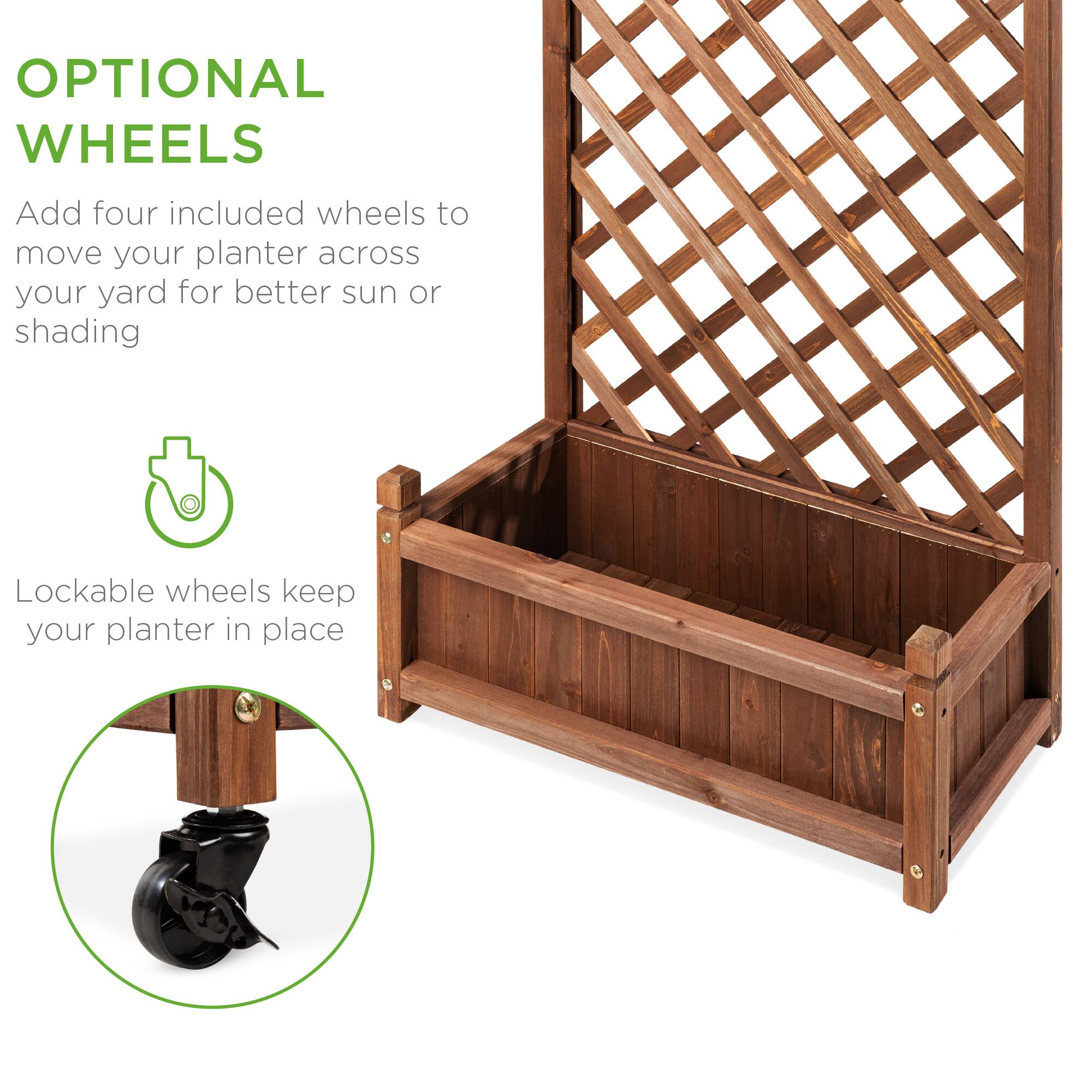 OPTIONAL WHEELS

Add four included wheels to move your planter across your yard for better sun or shading

Lockable wheels keep your planter in place