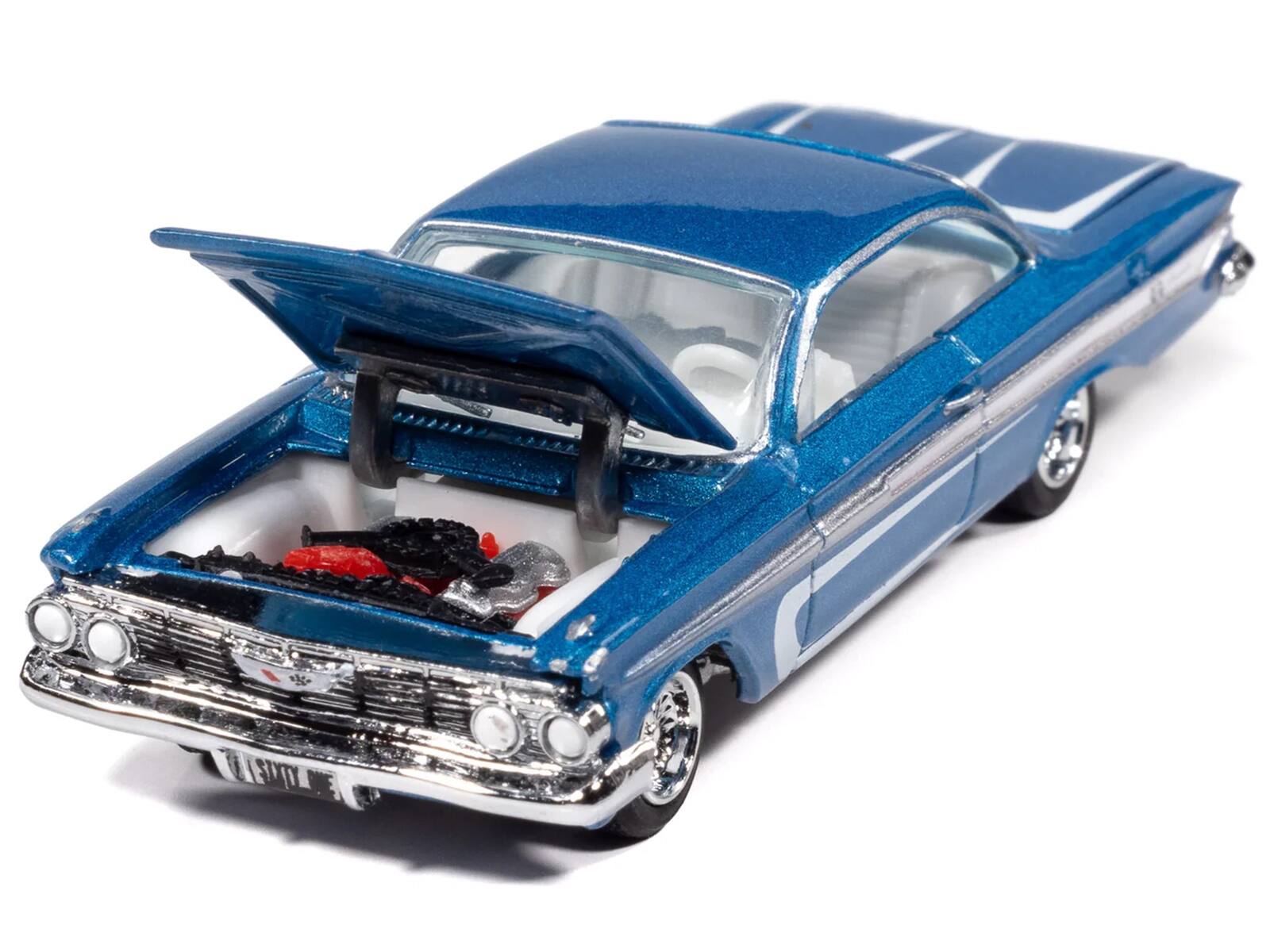 Alt View 2. Johnny Lightning - 1961 Chevrolet Impala SS 409 Blue Metallic with White Stripes and Interior 1/64 Diecast Model Cars by Johnny Lightning.