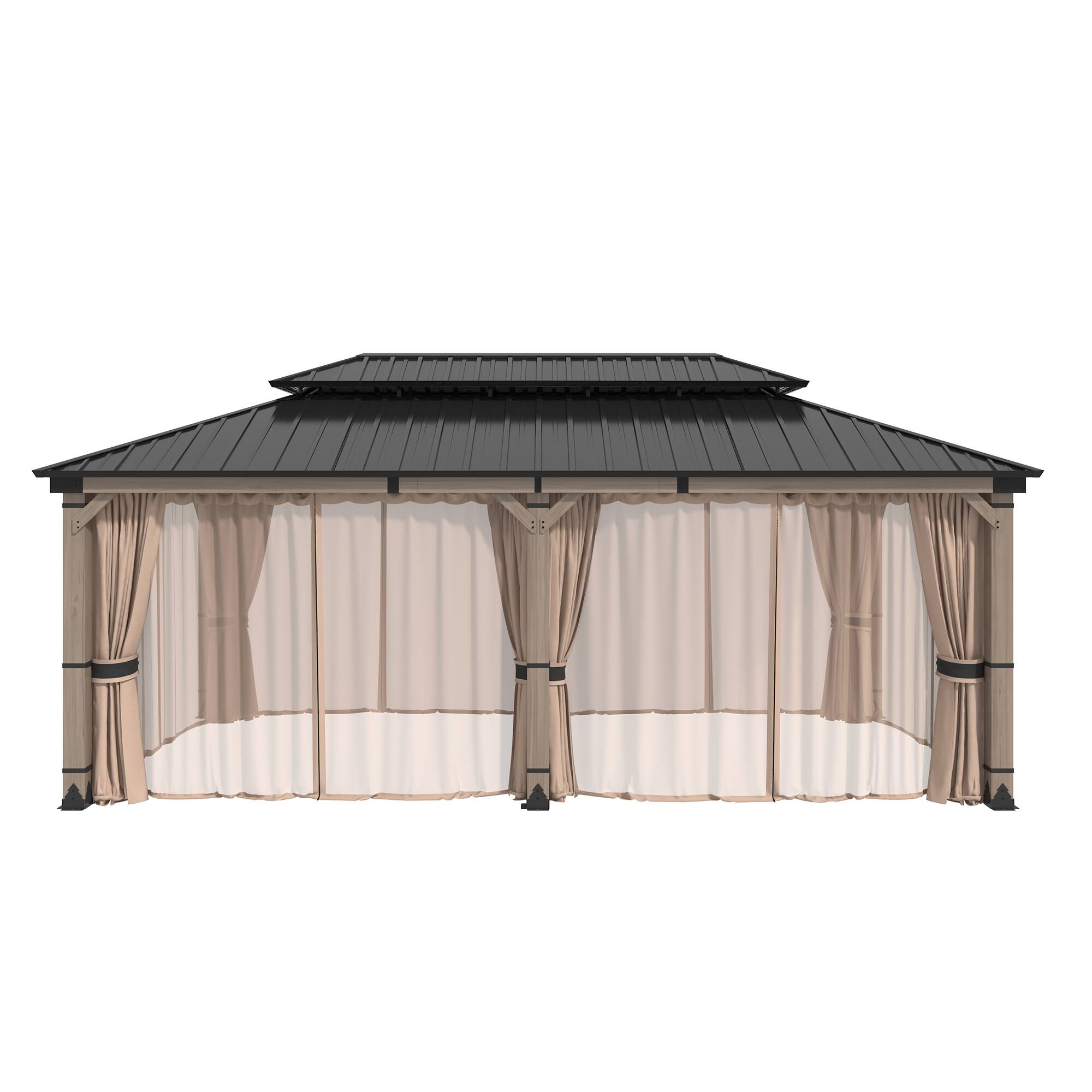 Alt View 4. Mondawe - 12x20 ft. Solid Cedar Wood Patio Gazebo with Curtains and Mesh Screens - Natural Wood + Black.