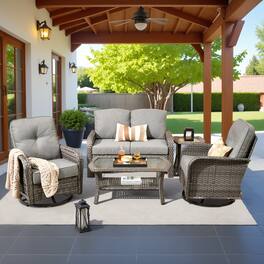 Ovios - 5 PCS Outdoor Wicker Patio Furniture Set, Comfy Loveseat with Swivel Chair & Coffee Table - Dark Gray