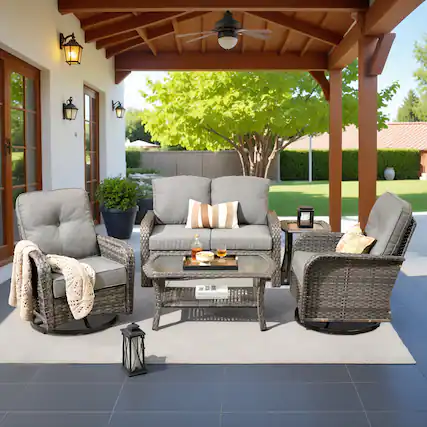 Front. Ovios - 5 PCS Outdoor Wicker Patio Furniture Set, Comfy Loveseat with Swivel Chair & Coffee Table - Dark Grey.