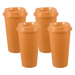 Unique Bargains - 4pcs Reusable Coffee Cups with Lids, 16oz Travel Mugs Spill Proof for Hot and Cold Drinks Juice Tea - Orange Red