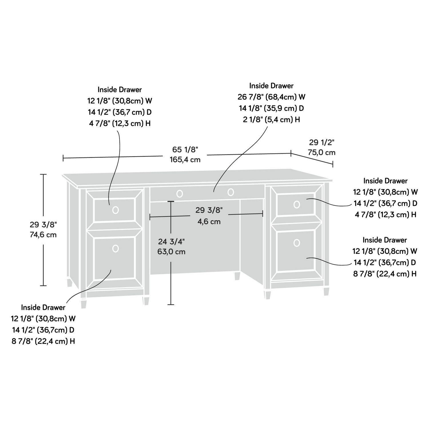 Inside Drawer  
12 1/8" (30,8cm) W  
14 1/2" (36,7 cm) D  
4 7/8" (12,3 cm) H  

Inside Drawer  
26 7/8" (68,4cm) W  
14 1/8" (35,9 cm) D  
2 1/8" (5,4 cm) H  

Inside Drawer  
12 1/8" (30,8cm) W  
14 1/2" (36,7cm) D  
8 7/8" (22,4 cm) H