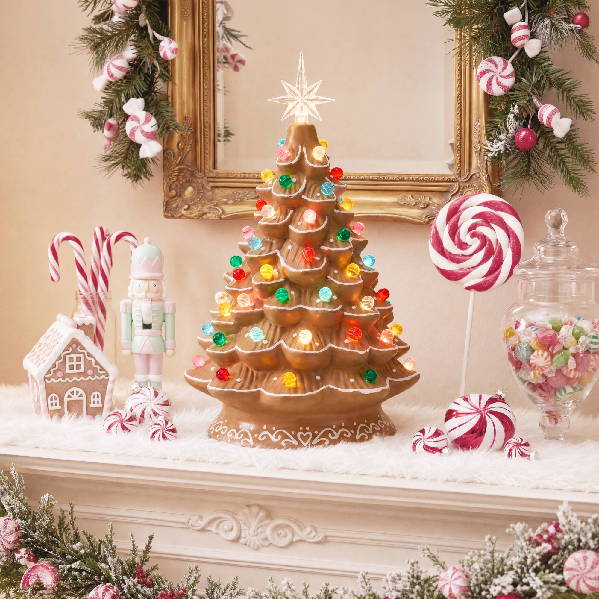 Alt View 7. Best Choice Products - Best Choice Products 15in Ceramic Christmas Tree, Pre-lit Hand-Painted Tabletop Holiday Tree, Gingerbread w/ Multicolor - Gingerbread + Multi.
