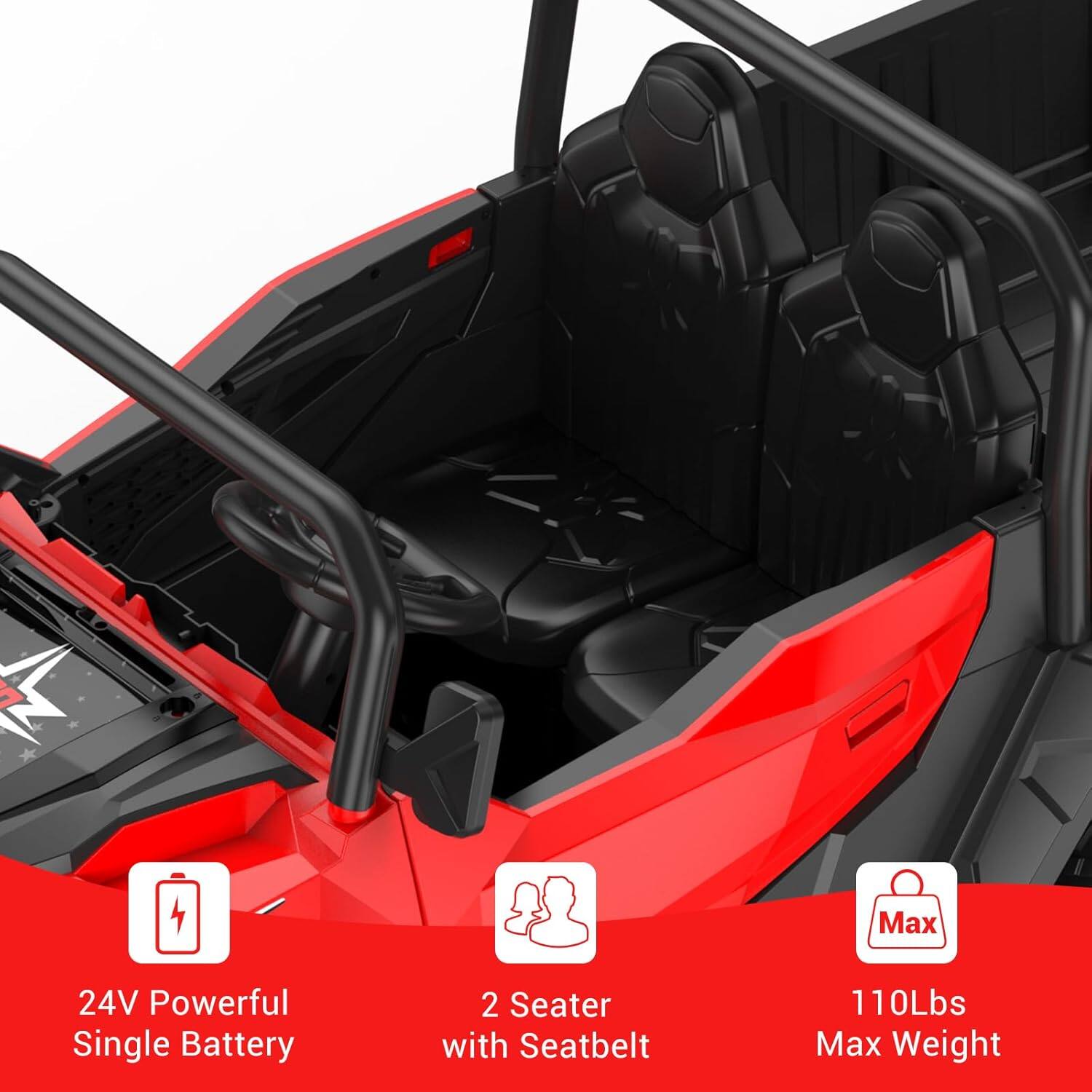 24V Powerful Single Battery  
2 Seater with Seatbelt  
110Lbs Max Weight