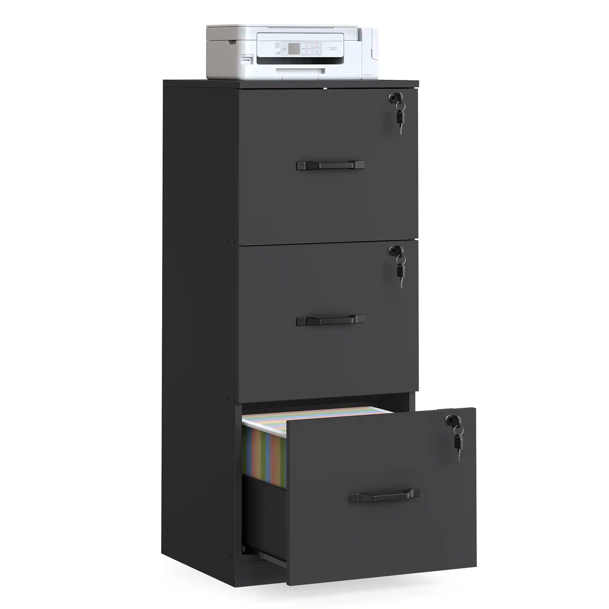 Front. Songmics Home - 3 Drawers File Cabinet with Lock, Printer Stand, Office Filing Cabinet Organizer, for A4 and Letter Size Documents - Ink Black.