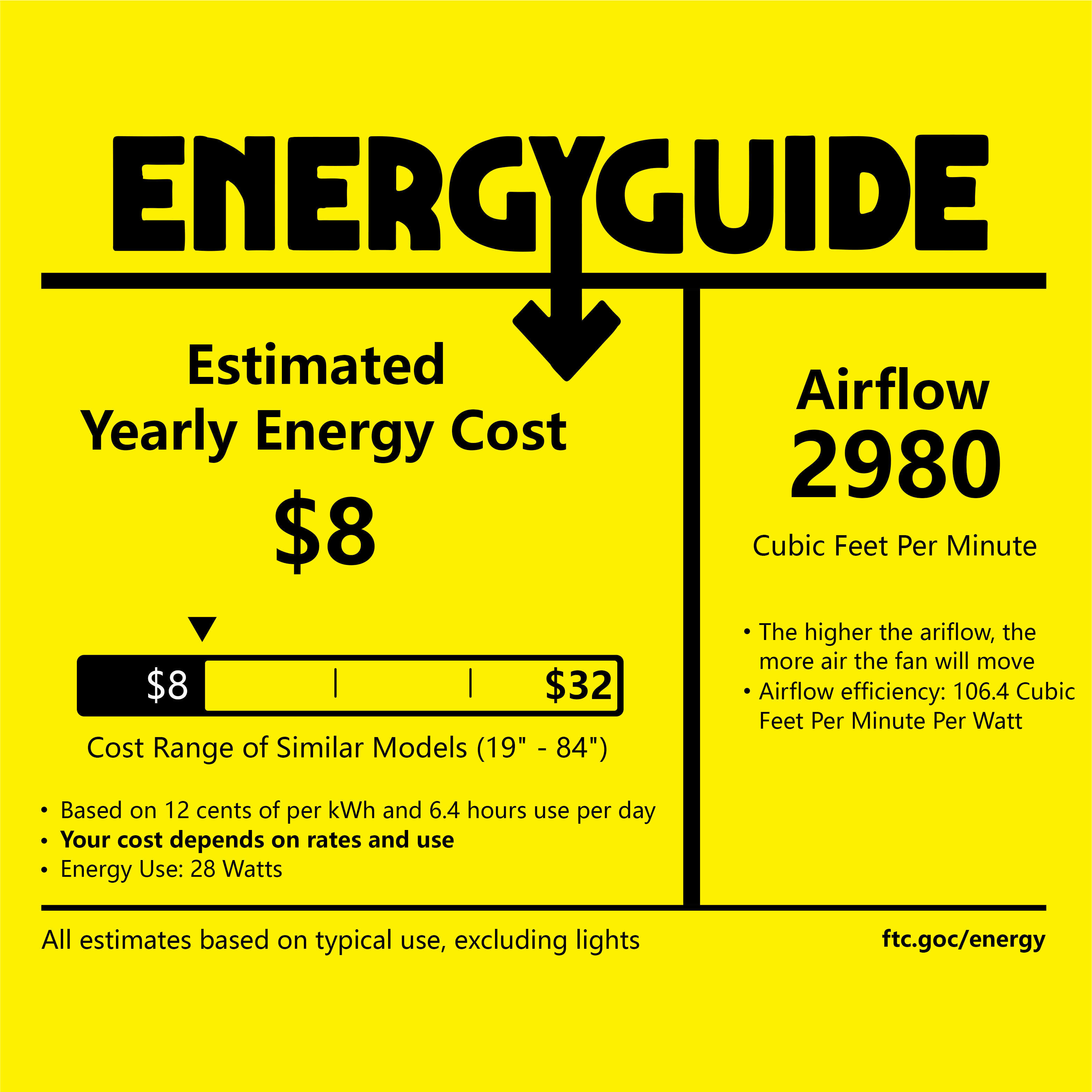 **ENERGYGUIDE**

**Estimated Yearly Energy Cost**  
$8

**Cost Range of Similar Models (19" - 84")**  
- Based on 12 cents per kWh and 6.4 hours use per day  
- Your cost depends on rates and use  
- Energy Use: 28 Watts

**Airflow**  
2980 Cubic Feet Per Minute

- The higher the airflow, the more air the fan will move  
- Airflow efficiency: 106.4 Cubic Feet Per Minute Per Watt

All estimates based on typical use, excluding lights

ftc.gov/energy