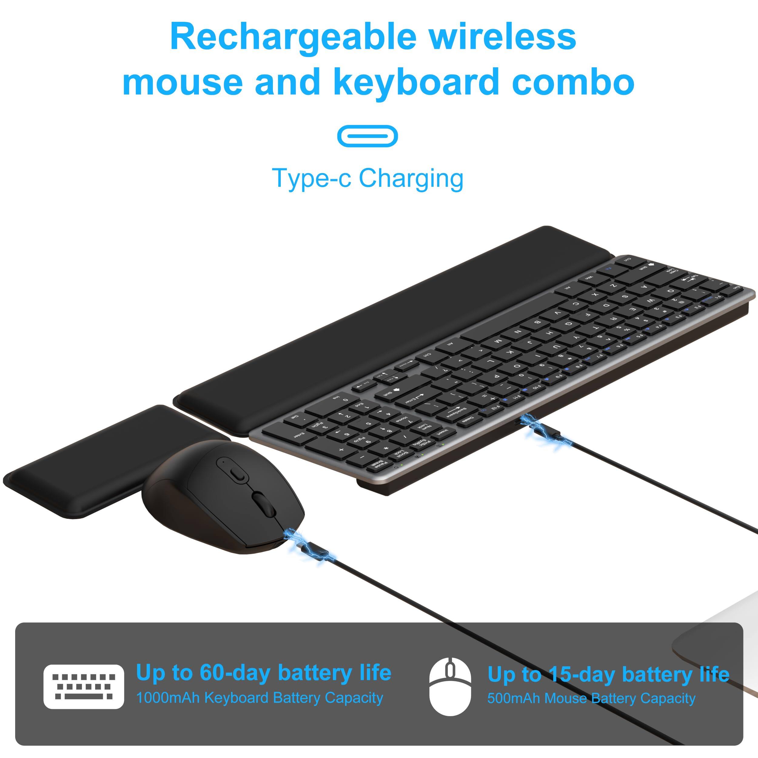 Rechargeable wireless mouse and keyboard combo

- Charging
- Type-c Charging

Up to 60-day battery life
1000mAh Keyboard Battery Capacity

Up to 15-day battery life
500mAh Mouse Battery Capacity
