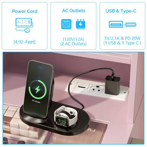 Power Cord AC Outlets USB & Type-C [4.92-Feet] [120V/12A] (2 AC Outlets) 5V/2.1A & PD 20W (1 USB & 1 Type-C) 75% Charged 7:29 Mordi N LA