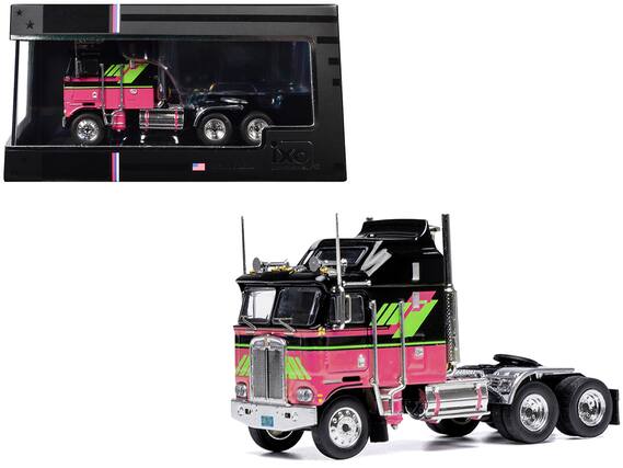 Front. IXO - 1976 Kenworth K100 Aerodyne Truck Tractor Black and Pink with Graphics 1/64 Diecast Model by IXO Models - Black and Pink.