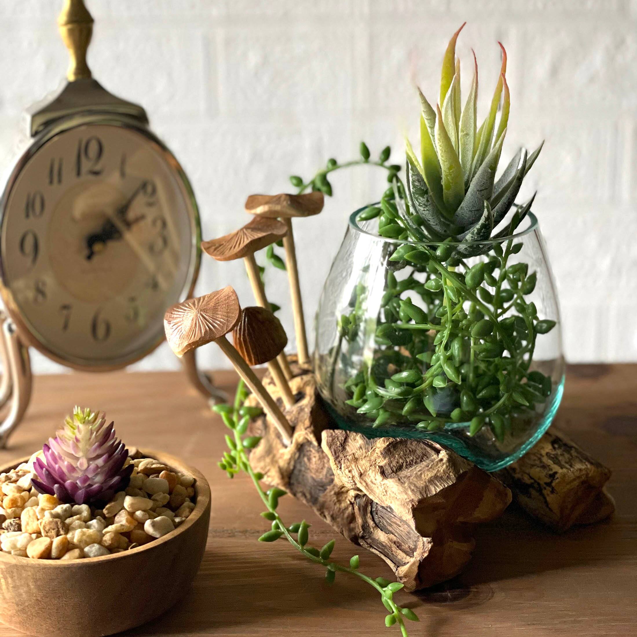 Alt View 4. Things2Die4 - Handcrafted Glass Vase with Teak Driftwood and Wood Mushroom Embellishments - Brown.