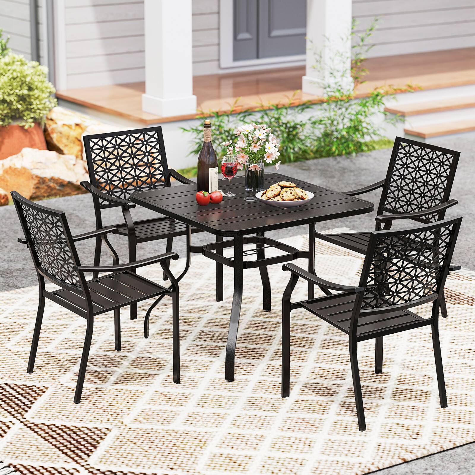 Alt View 5. Gymax - Gymax Outdoor Dining Table for 4 37 Inches Square Patio Bistro Dining Table w/ 1.57'' Umbrella Hole and Metal Frame - Black.