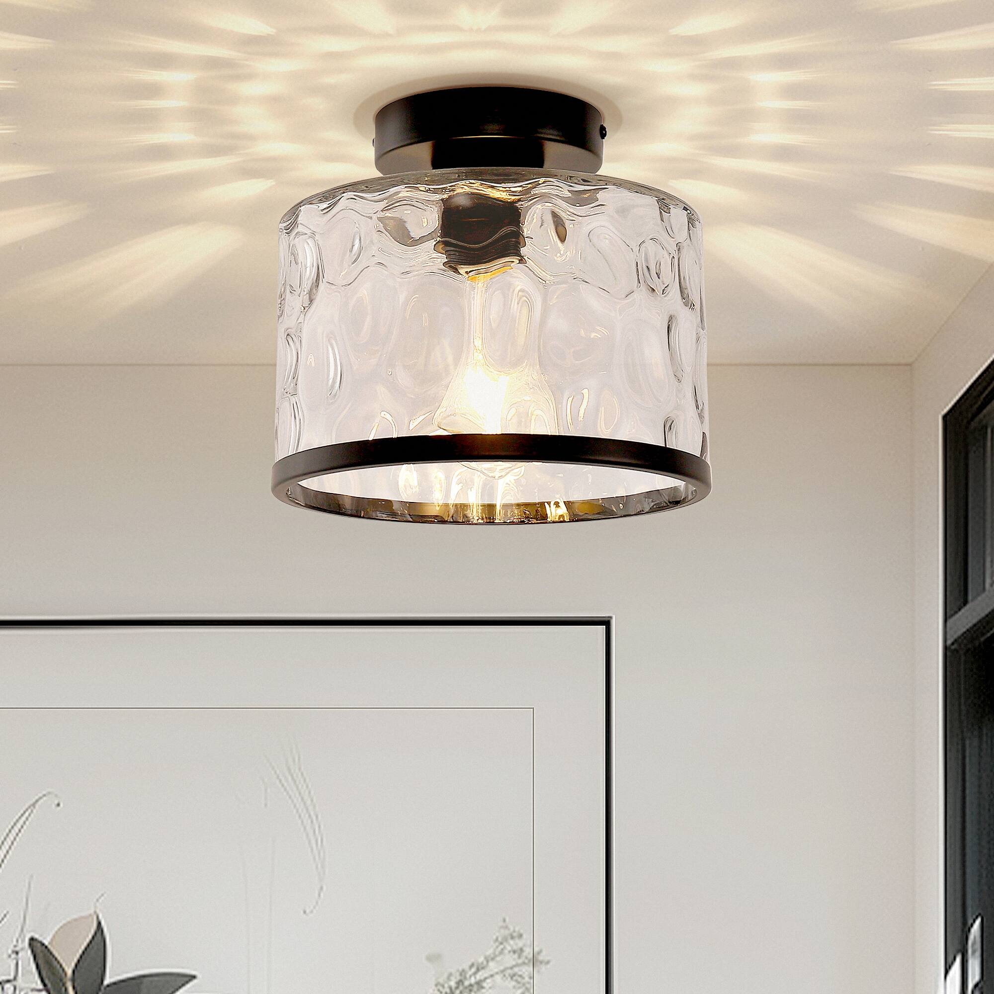Angle. Jandcase - JANDCASE 1-Light Black Semi-Flush Mount Ceiling Light, Wave Glass Shade, E26 Socket, Non-Integrated Bulbs, for Hallway - Black.