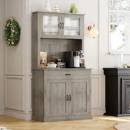 Homhougo - Kitchen Pantry Cabinet with Microwave Stand, 71”Freestanding Tall Kitchen Cabinet with Doors and Shelves for Dining - Rustic Gray