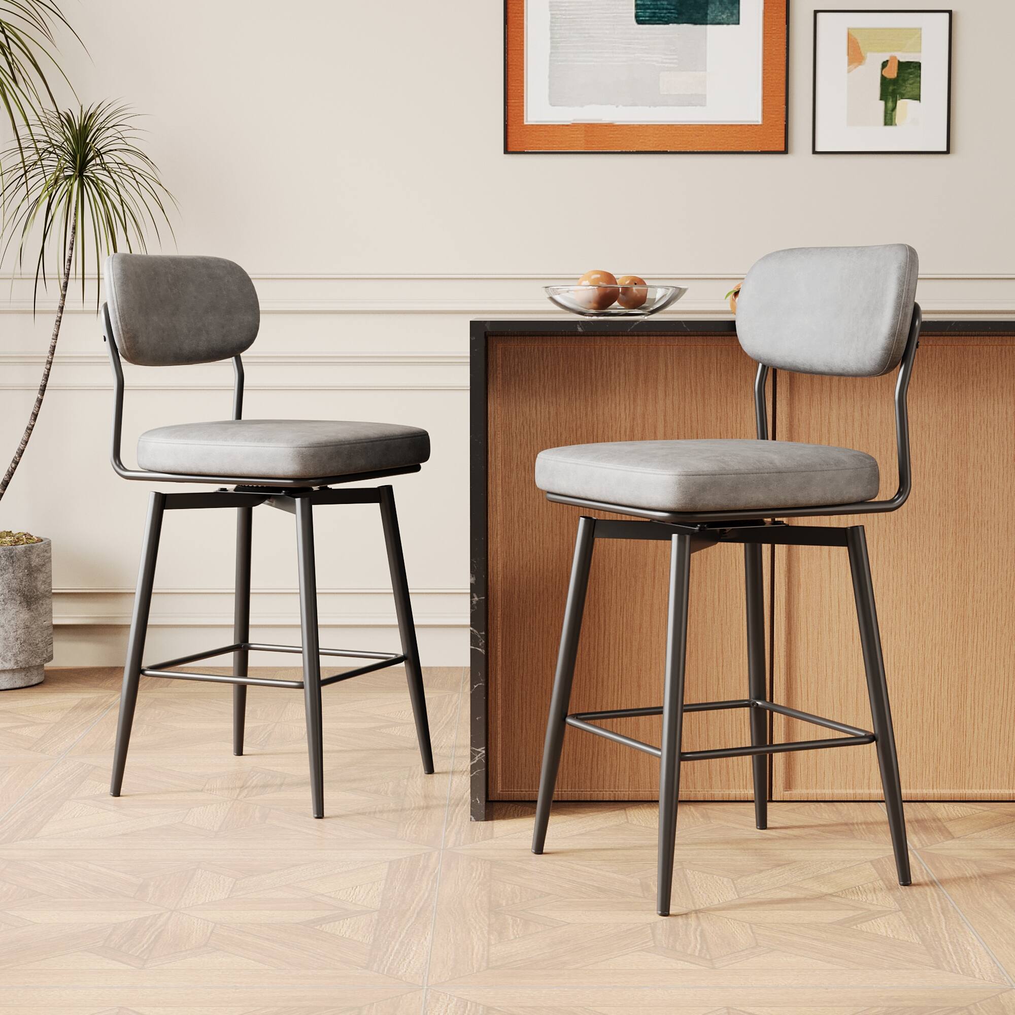 Back. TinyHomie - 360° Rotating Bar Chair Bar Stool bar stools set of 2 piece set with leather cushions and iron brackets - Grey.