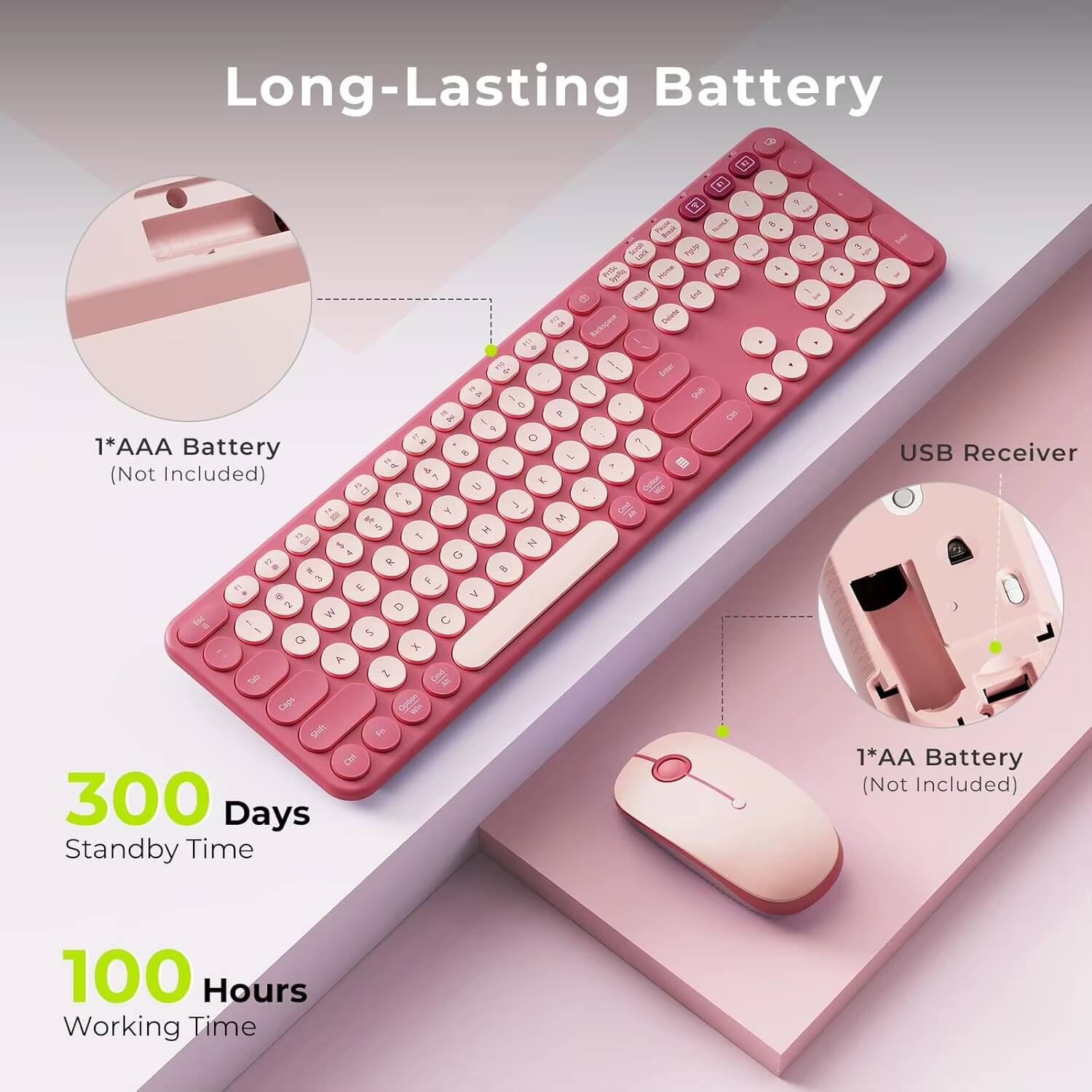 Long-Lasting Battery

1*AAA Battery (Not Included)

USB Receiver

1*AA Battery (Not Included)

300 Days Standby Time

100 Hours Working Time
