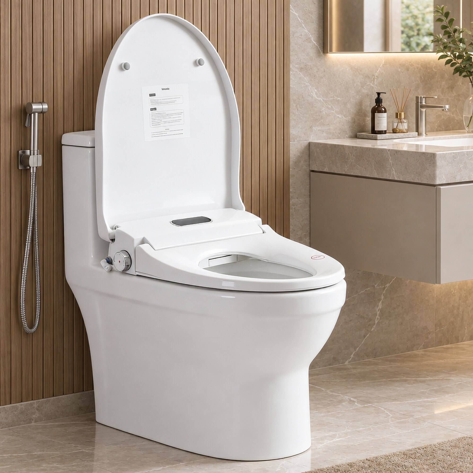 Angle. RYHNUYNE - Smart Bidet Toilet Seat, Side Knob Heated Seat Water Temperature and Pressure Adjustment Automatic Nozzle Cleaning - White.
